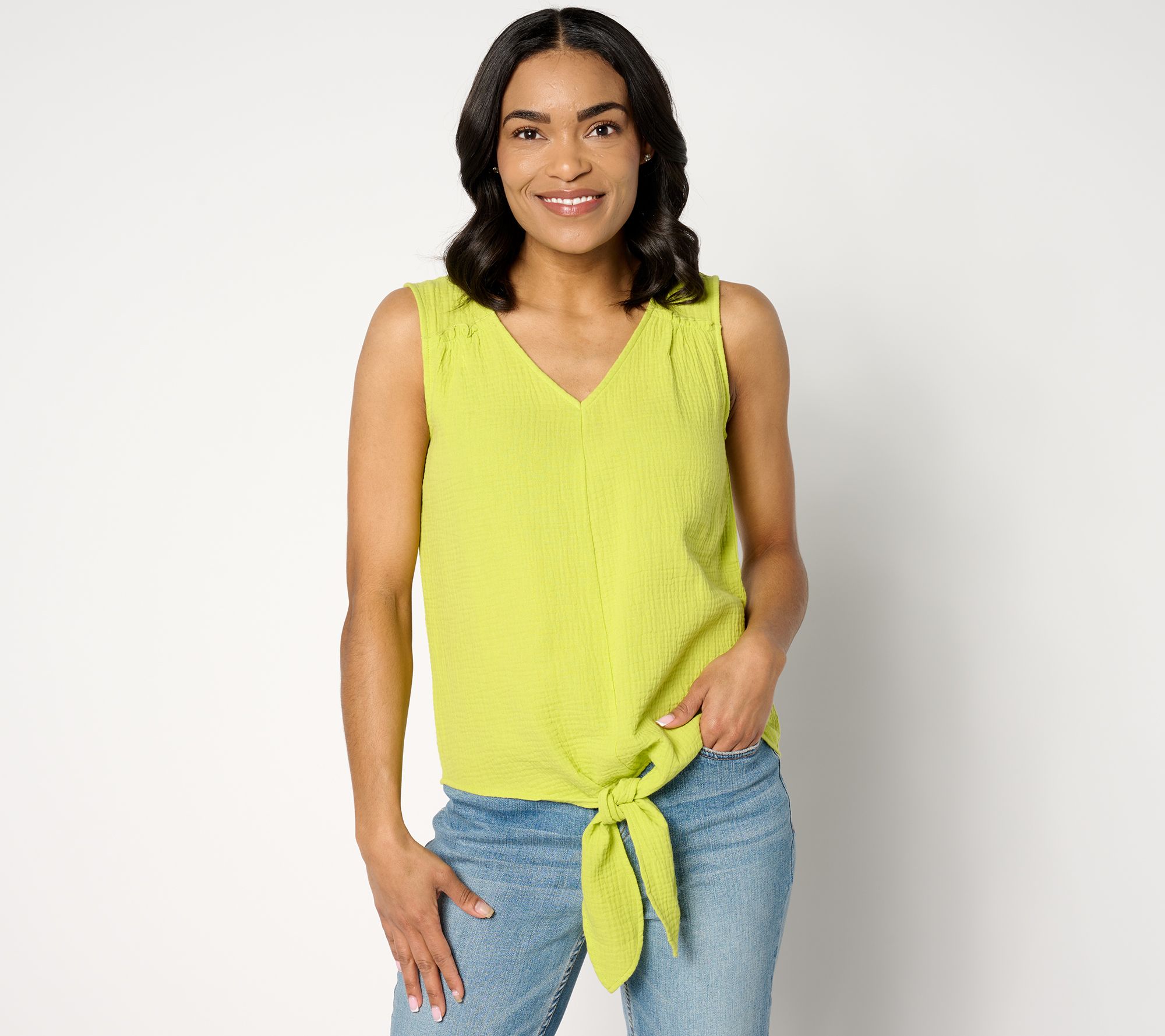 "As Is" Belle Beach by Kim Gravel Cotton Gauze Tie Front Tank w/ Ruffle