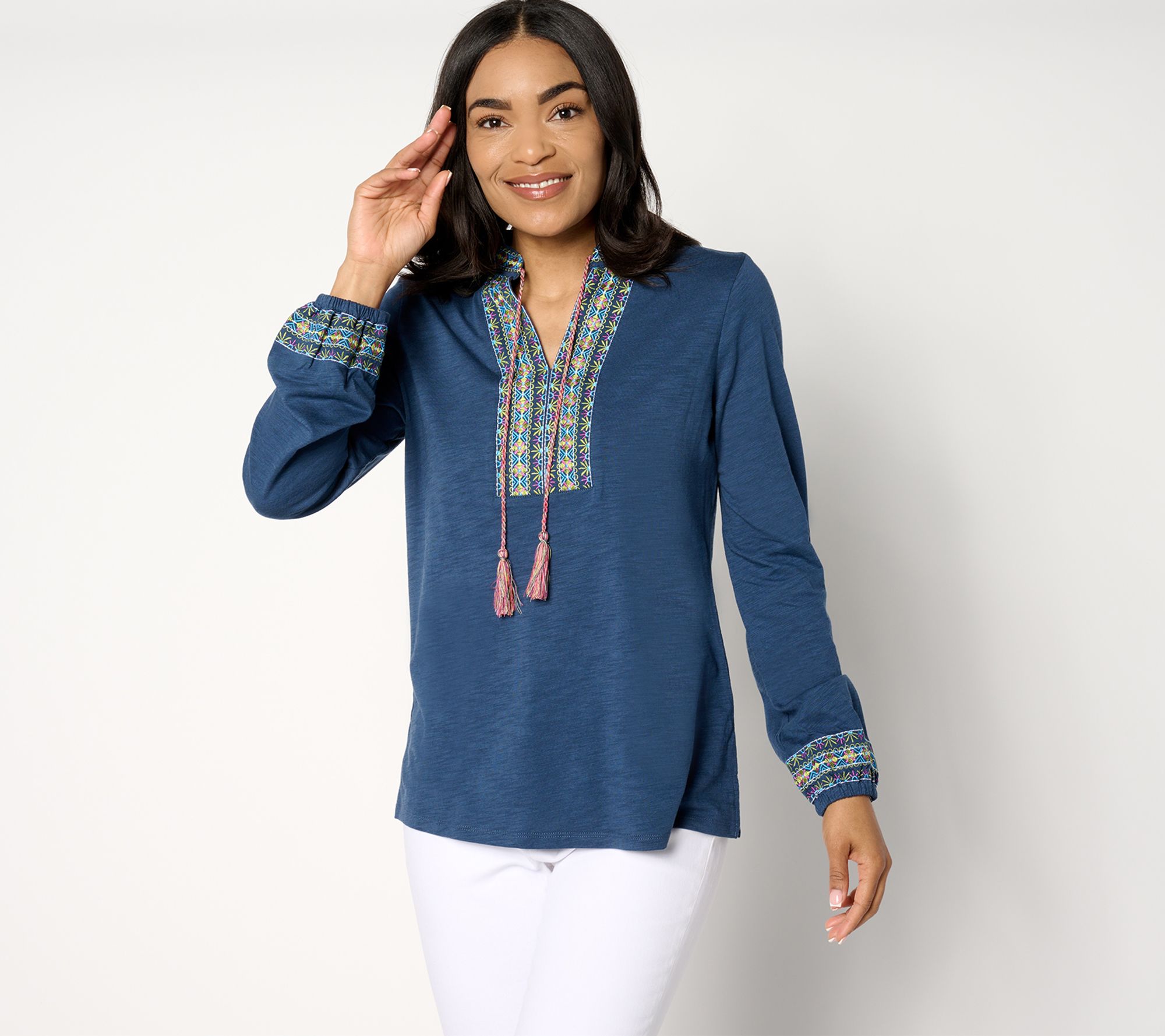 "As Is" Belle by Kim Gravel Balloon Sleeve Embroidered Tassel Top