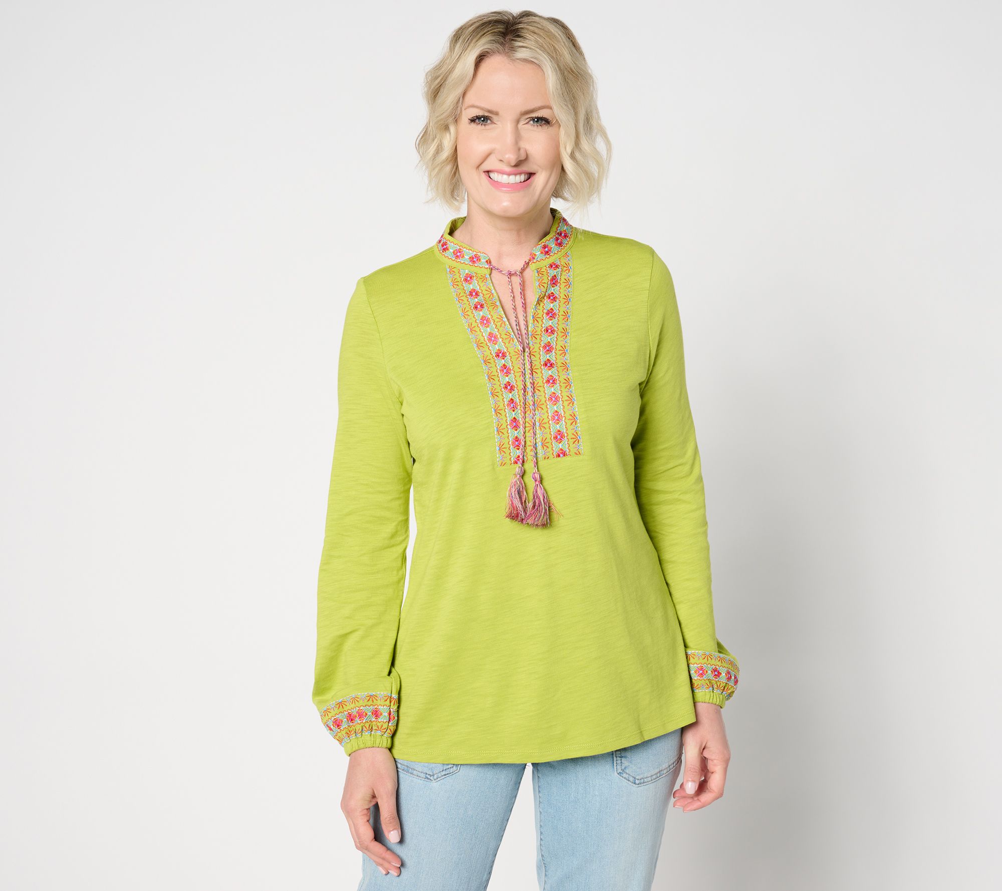 "As Is" Belle by Kim Gravel Balloon Sleeve Embroidered Tassel Top