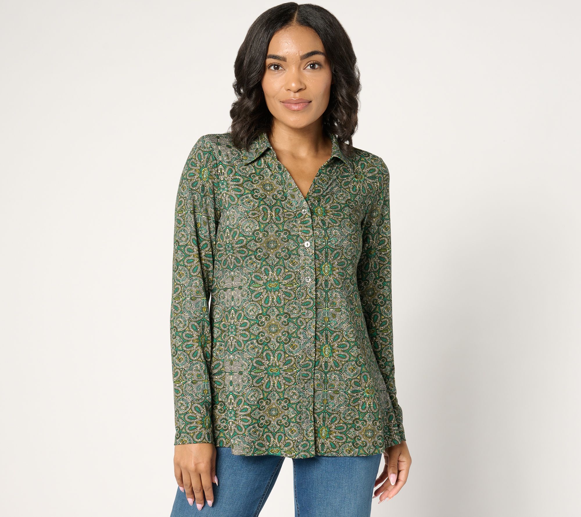 Susan Graver Printed Brushed Liquid Knit A-Line Top