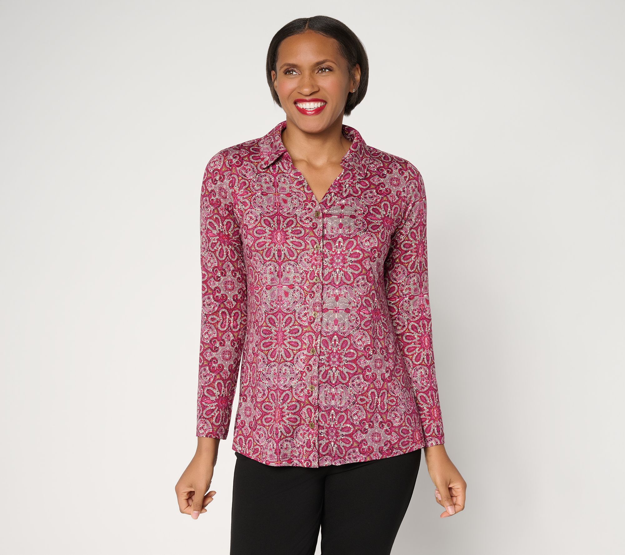 Susan Graver Printed Brushed Liquid Knit A-Line Top