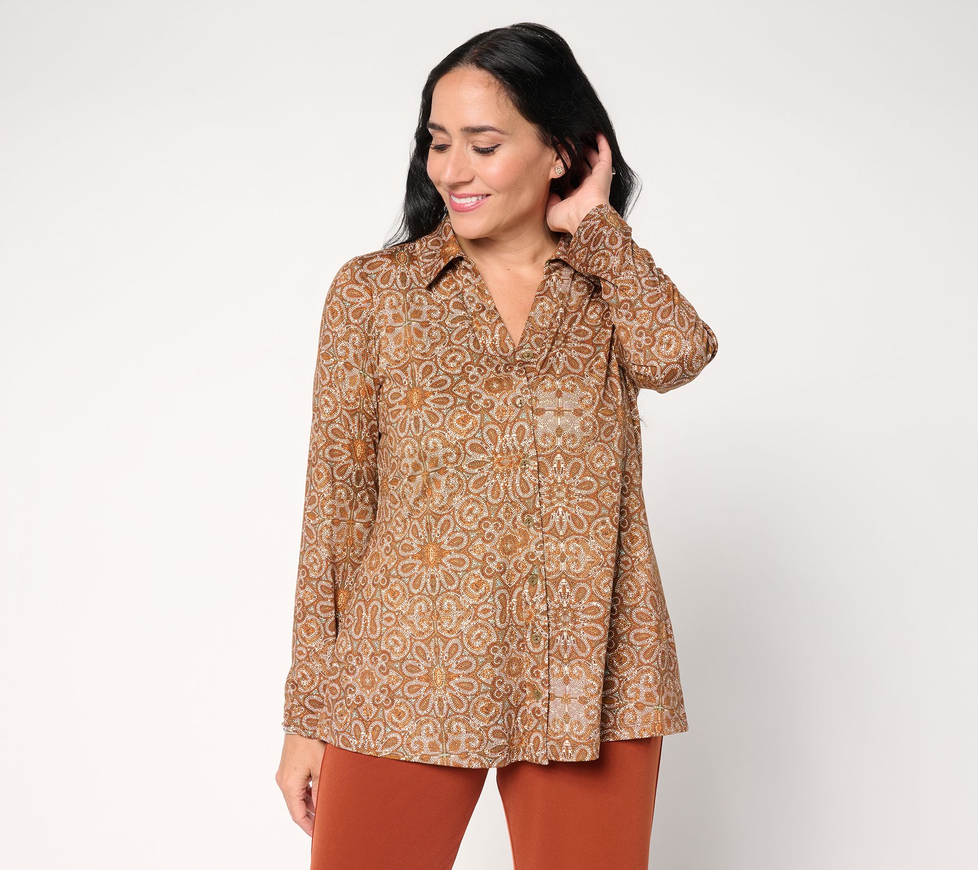 Susan Graver Printed Brushed Liquid Knit A-Line Top