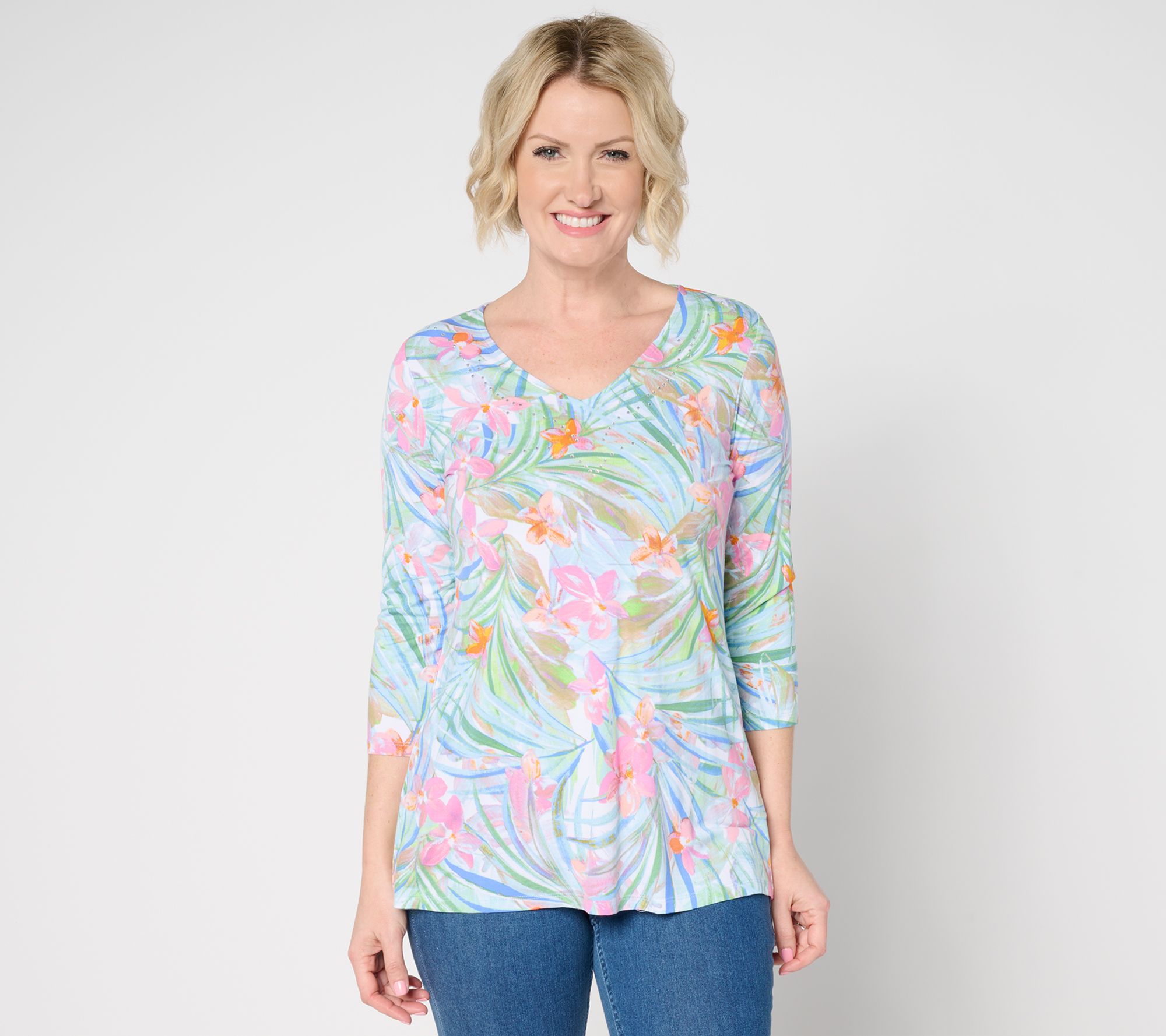 Quacker Factory Fantasia Printed V-Neck 3/4 Sleeve Top