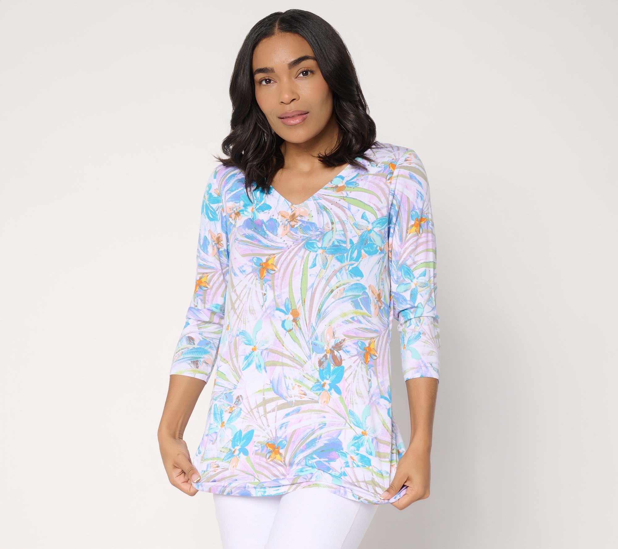 Quacker Factory Fantasia Printed V-Neck 3/4 Sleeve Top