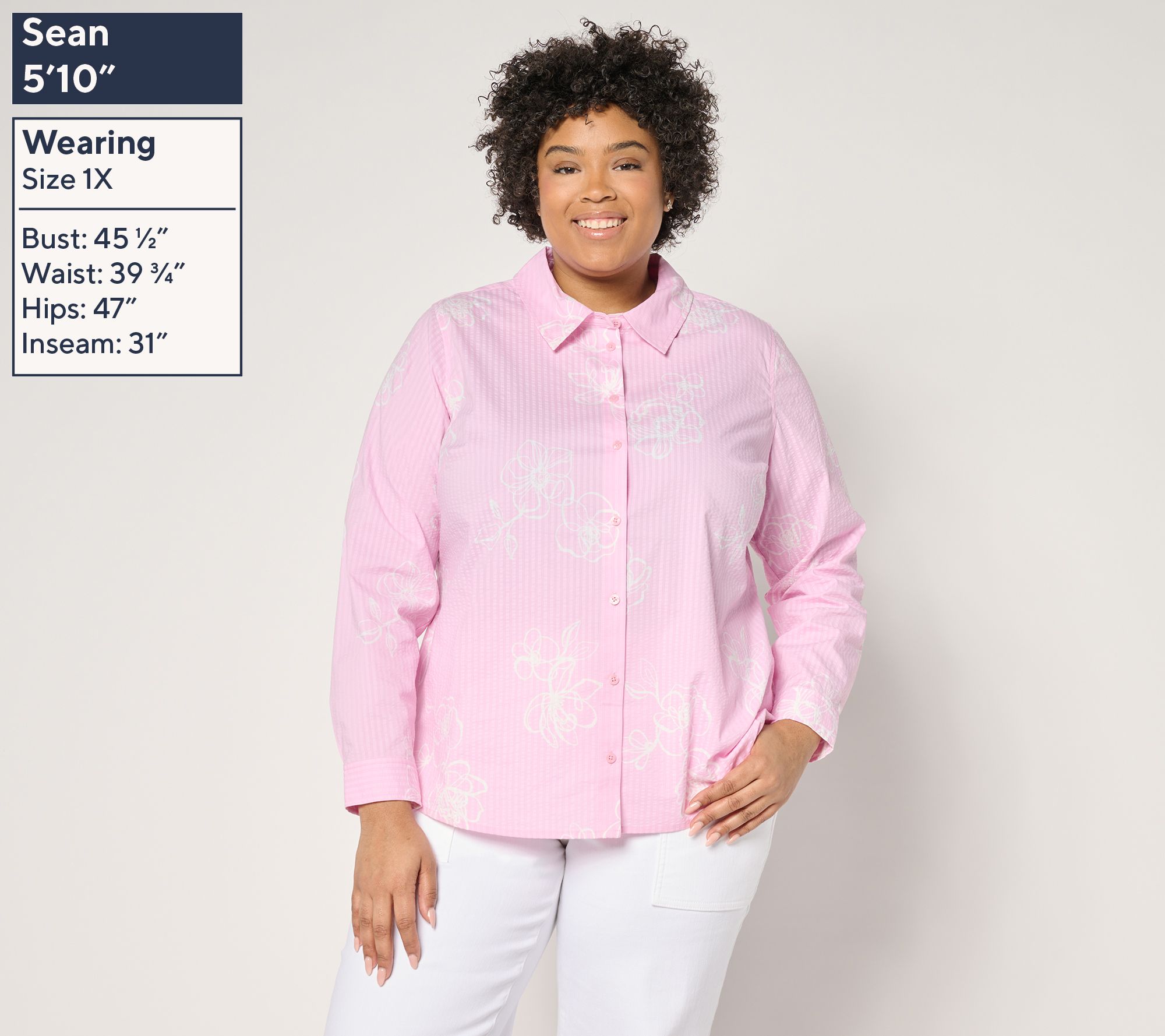 Joan Rivers Stretch Cotton Seersucker Printed Floral Shirt