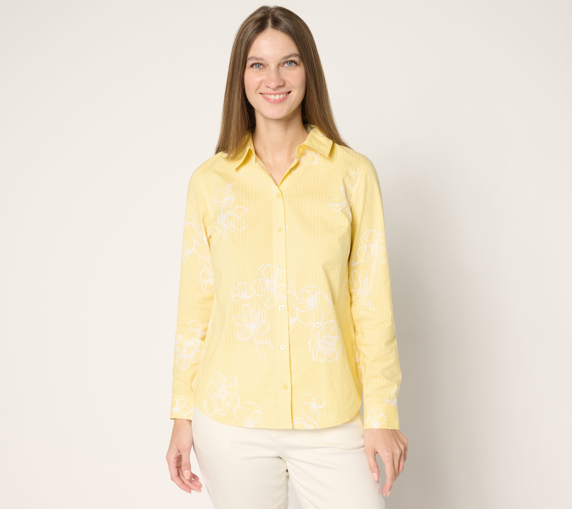 Joan Rivers Stretch Cotton Seersucker Printed Floral Shirt
