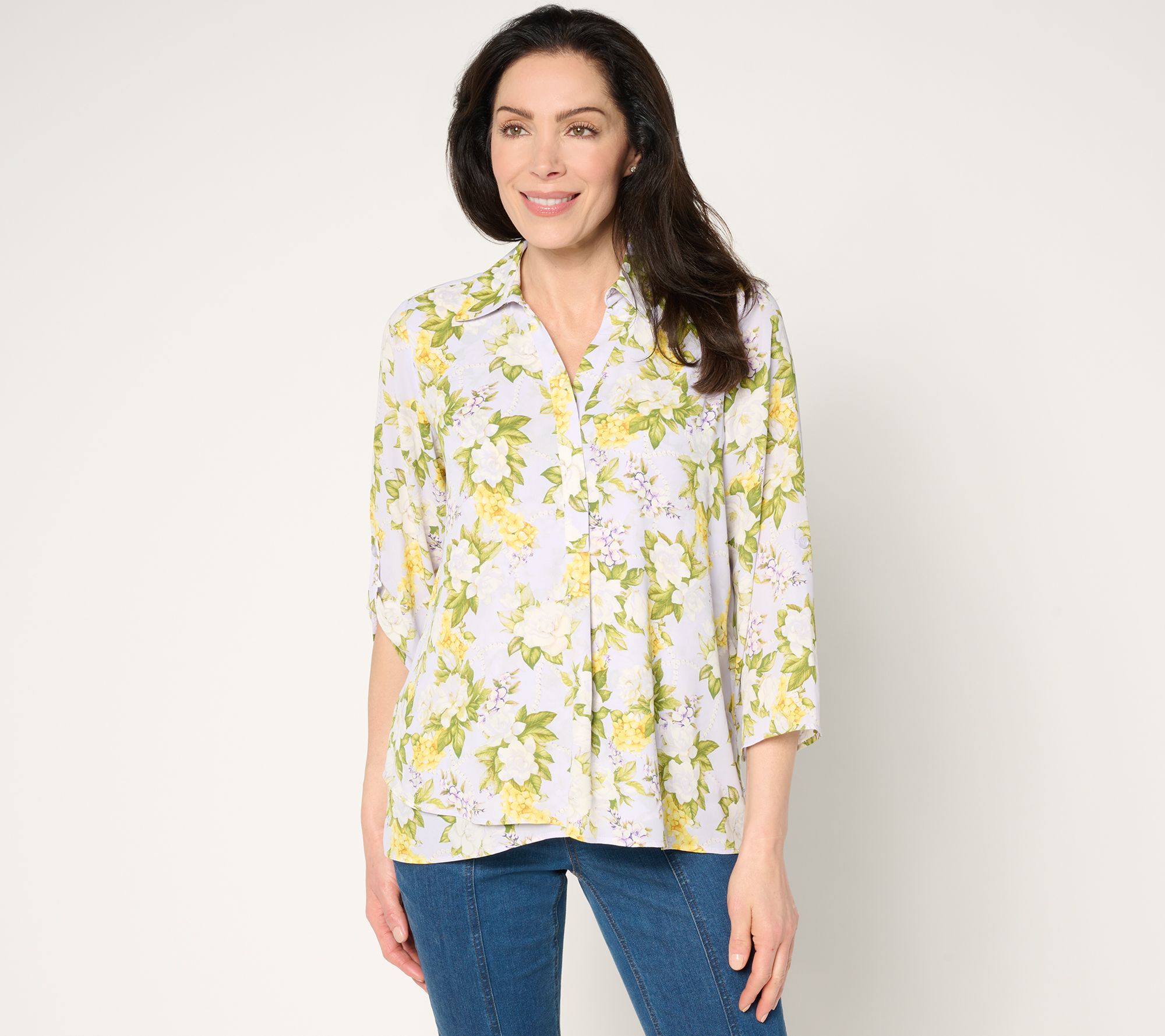 Joan Rivers Georgette Gardenia Print Blouse with Roll-Tab