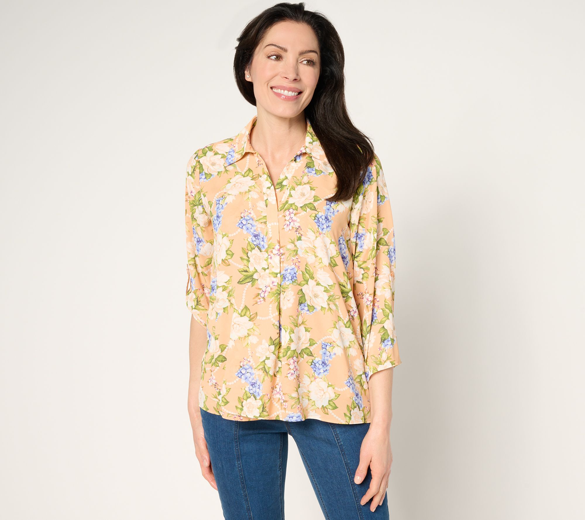 Joan Rivers Georgette Gardenia Print Blouse with Roll-Tab Sleeve