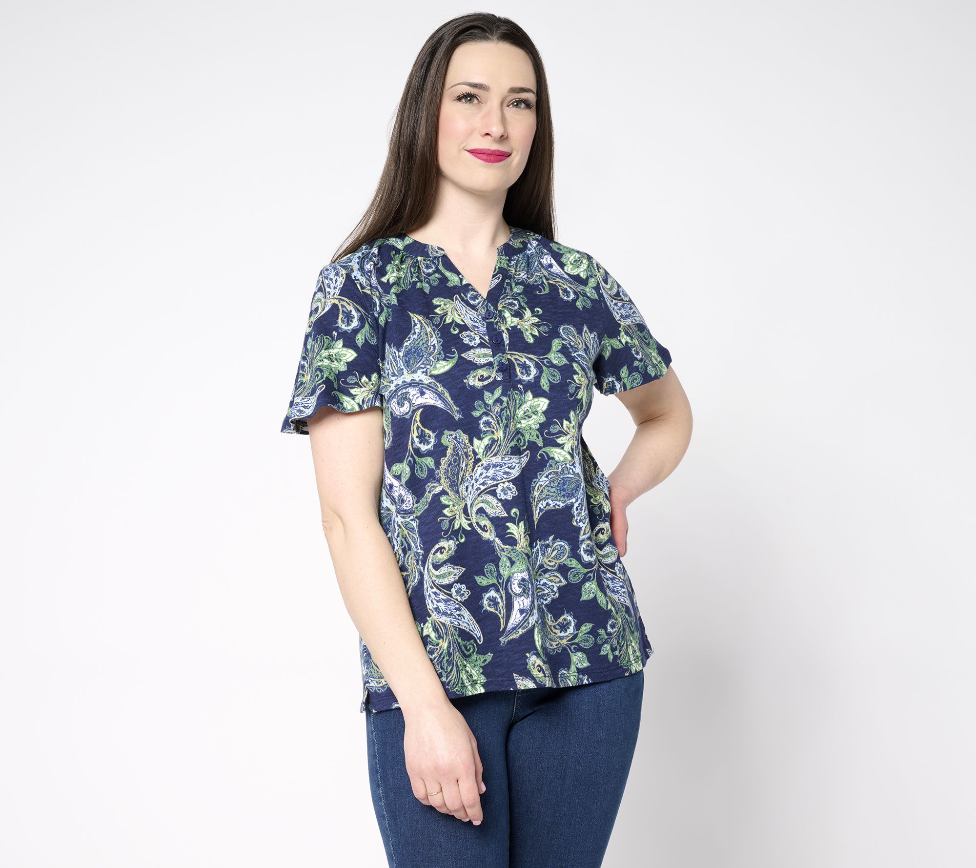 Denim & co. Linen Blend Flutter Sleeve Printed or Solid Top
