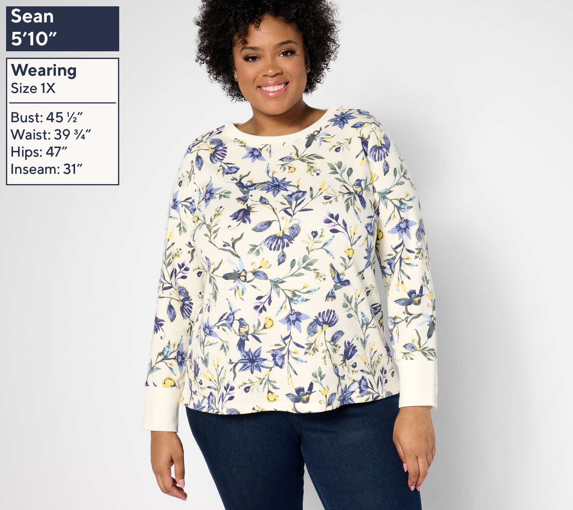 McQ トップス Denim & Co. Waffle Knit Long Sleeve Button Cuff Top - QVC.com