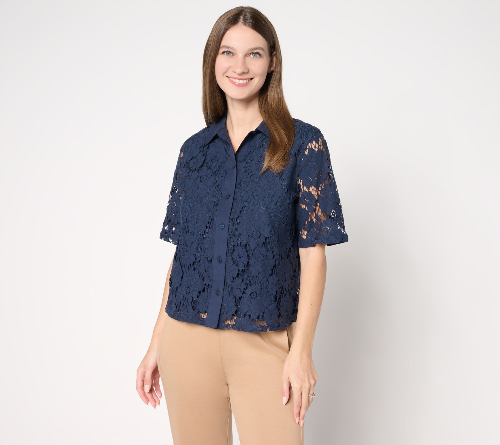 by Stacy London Short Sleeve Button Front Lace Camp Shirt