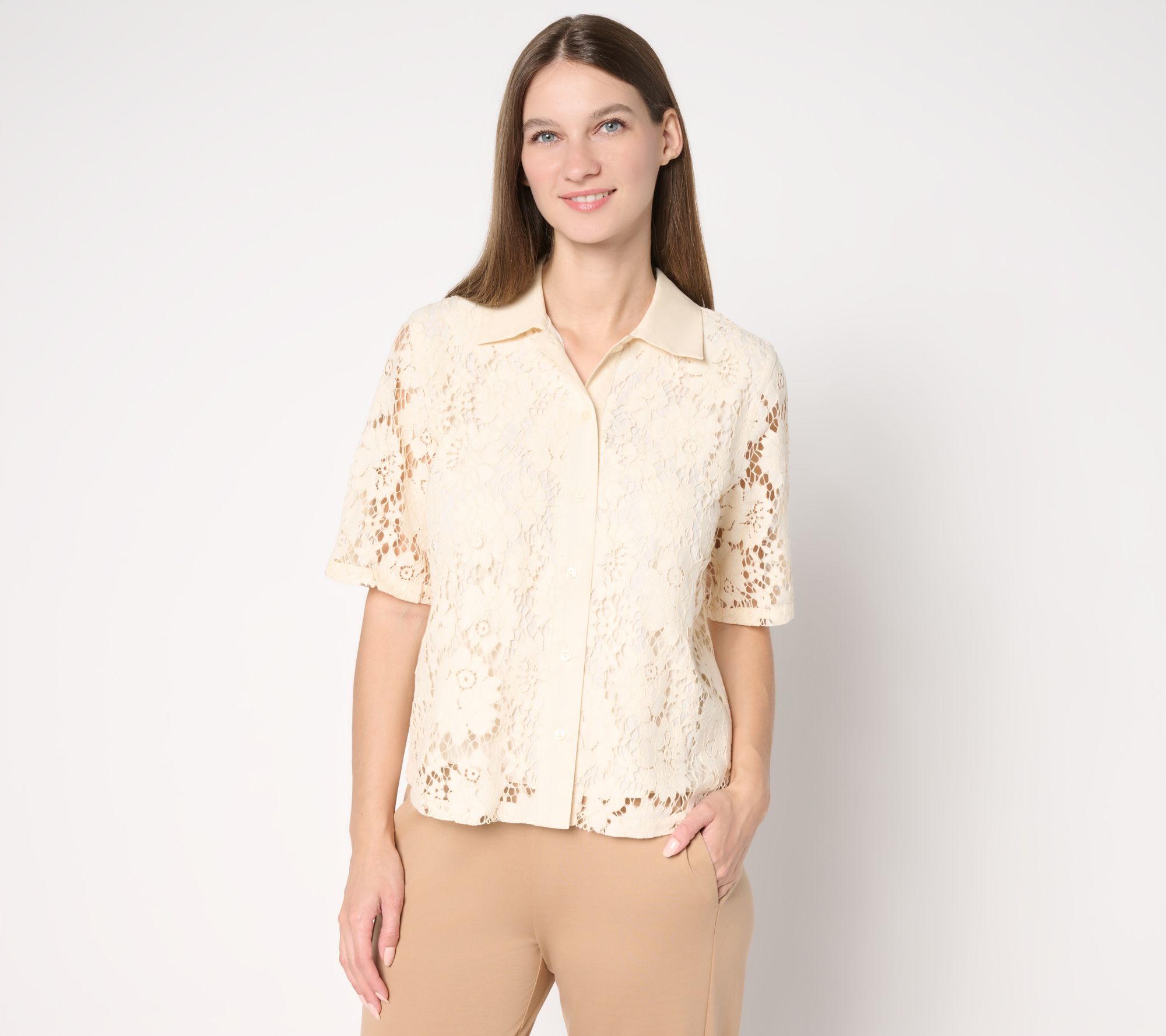 by Stacy London Short Sleeve Button Front Lace Camp Shirt