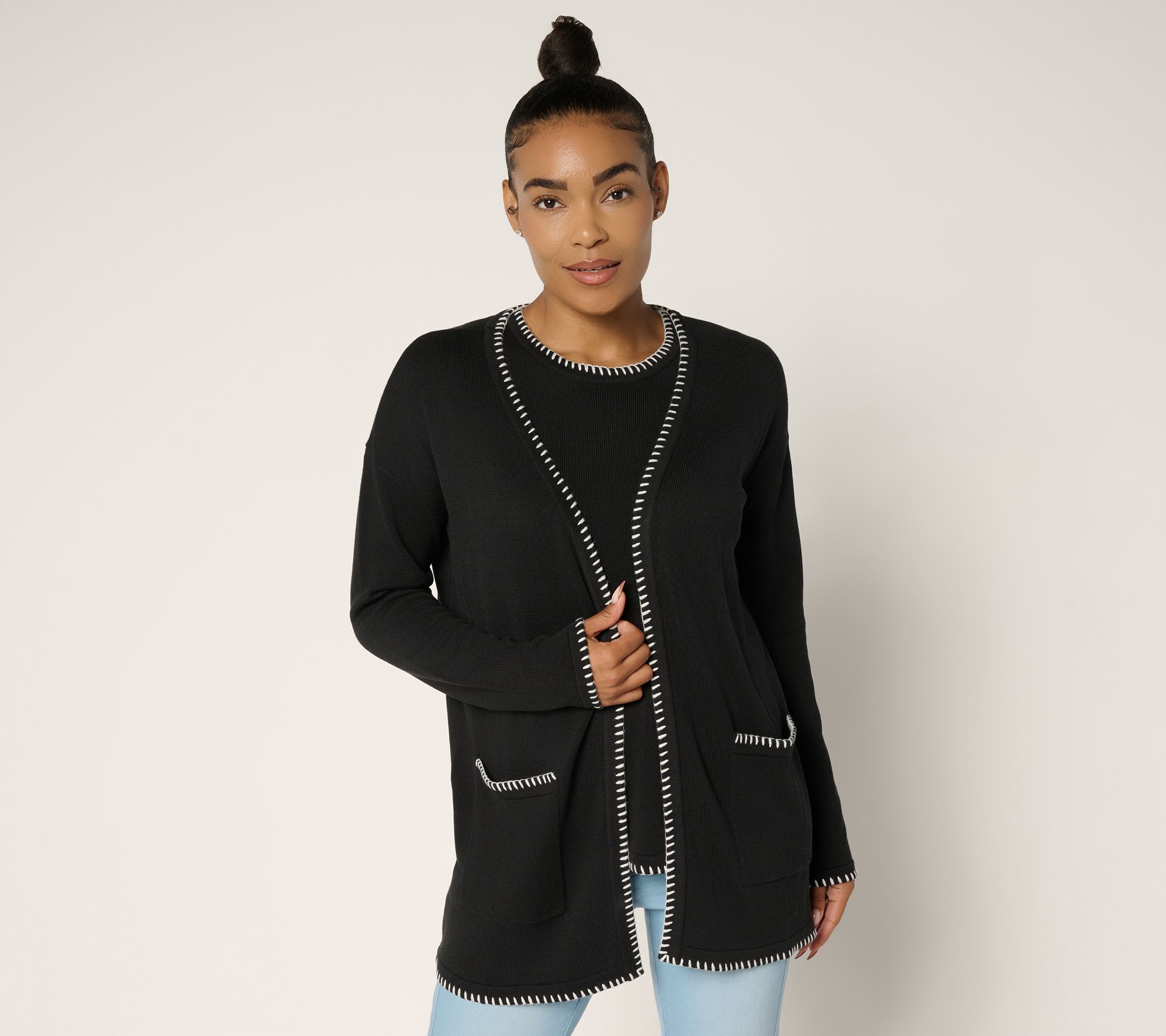 Belle by Kim Gravel Regular Blanket Stitch Open Front Tunic Cardigan