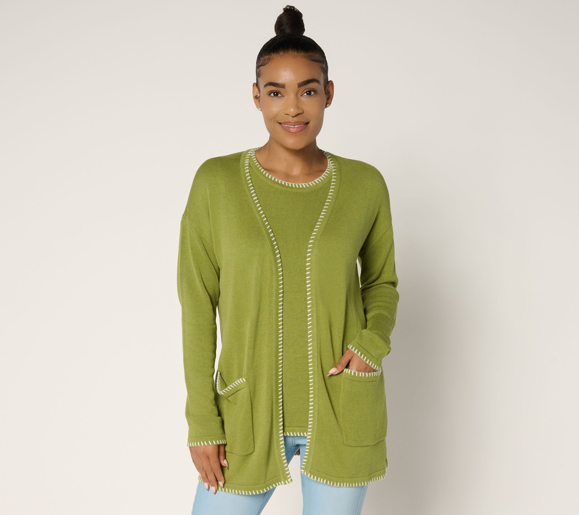 Belle by Kim Gravel Regular Blanket Stitch Open Front Tunic Cardigan