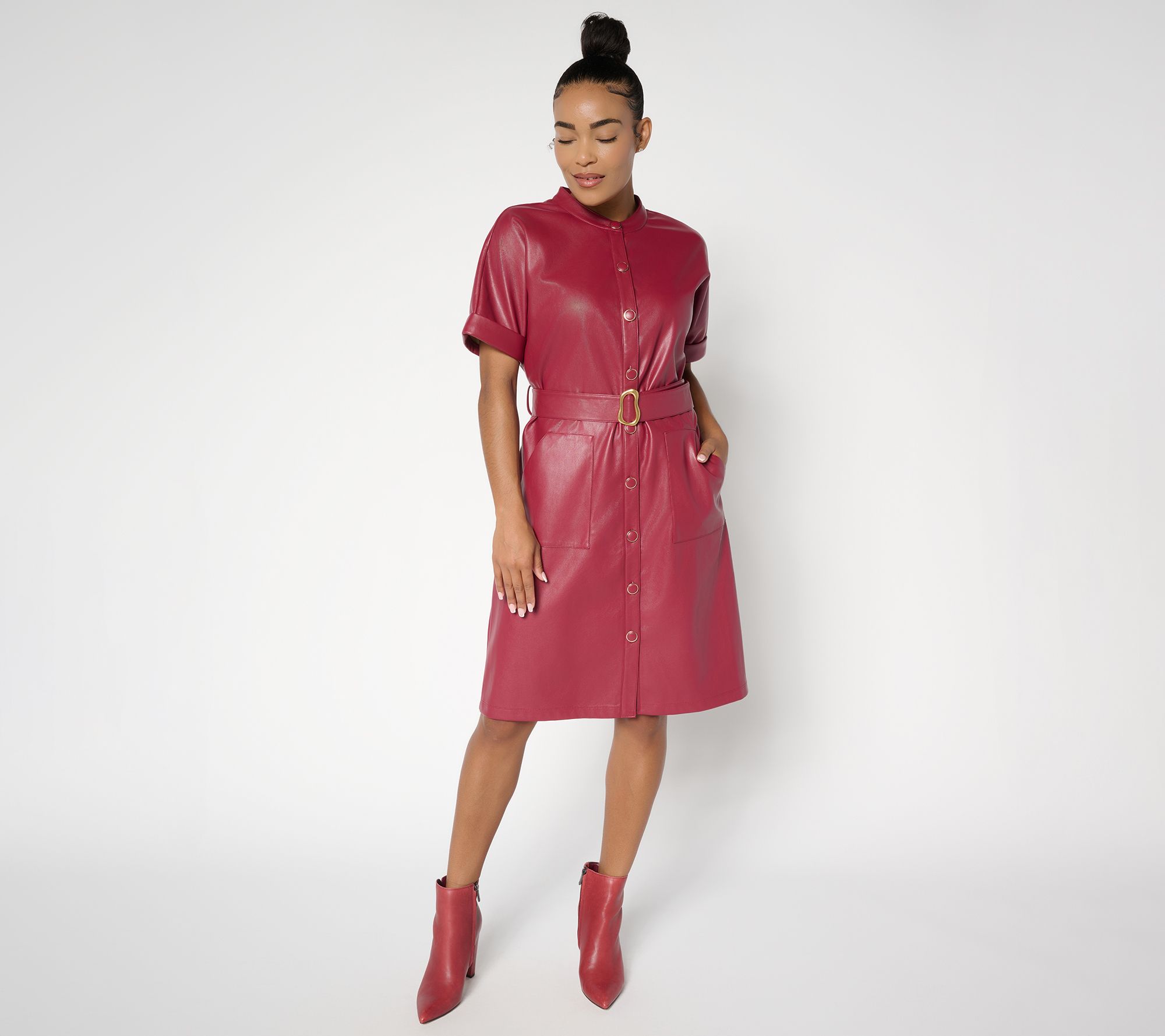 GRAVER Susan Graver Petite Faux Leather Button Front Dress