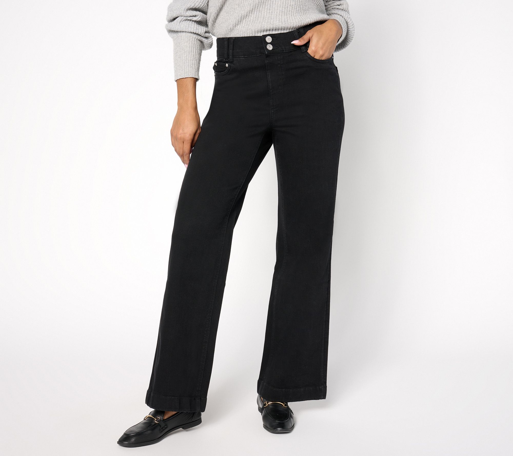 "As Is" Denim & Co. Petite Black Easy Stretch Double Button Jean