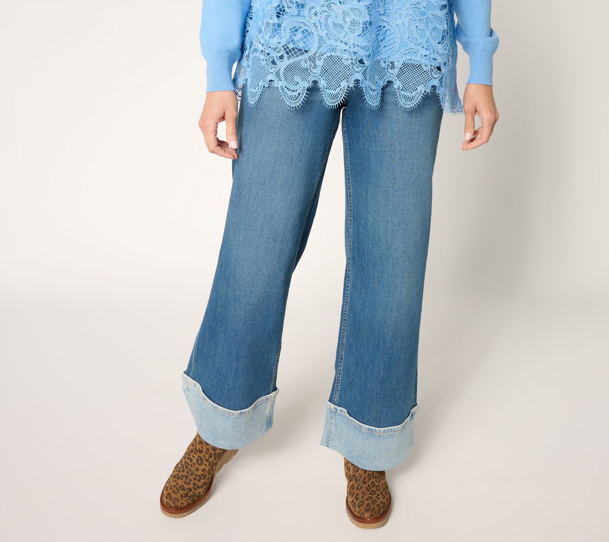 LOGO by Lori Goldstein Regular Wide Full-Length Cuff Jeans