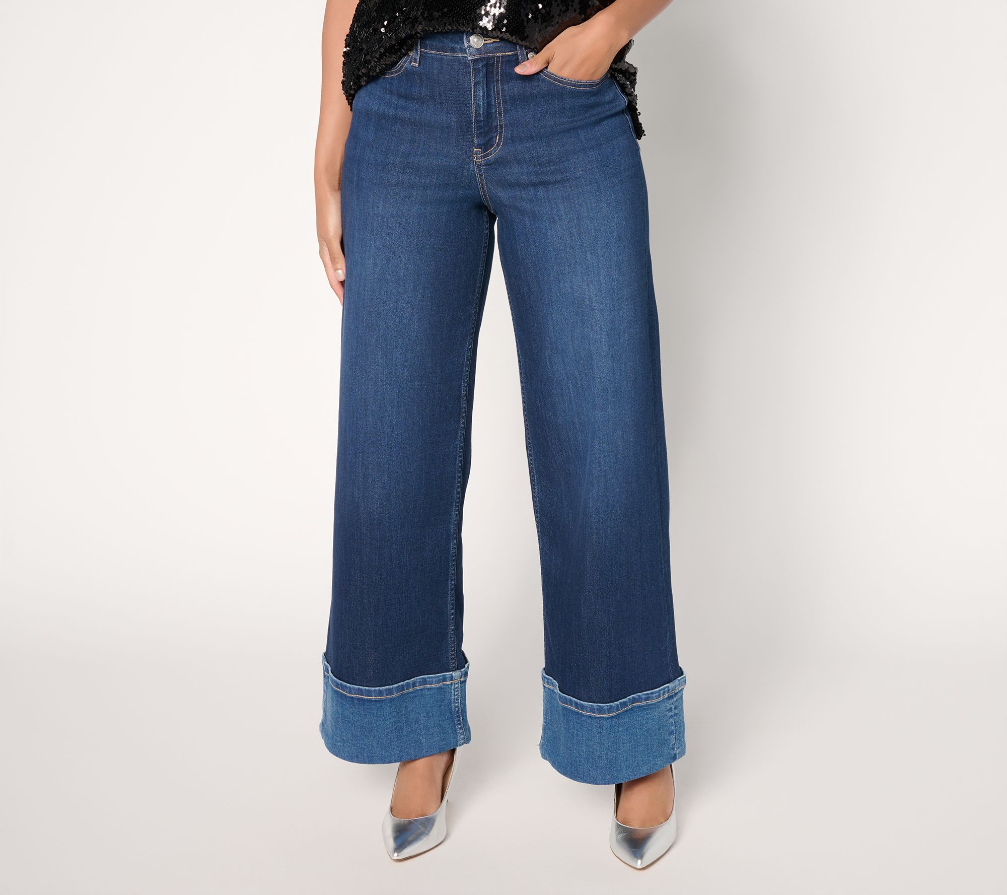 LOGO by Lori Goldstein Regular Wide Full-Length Cuff Jeans