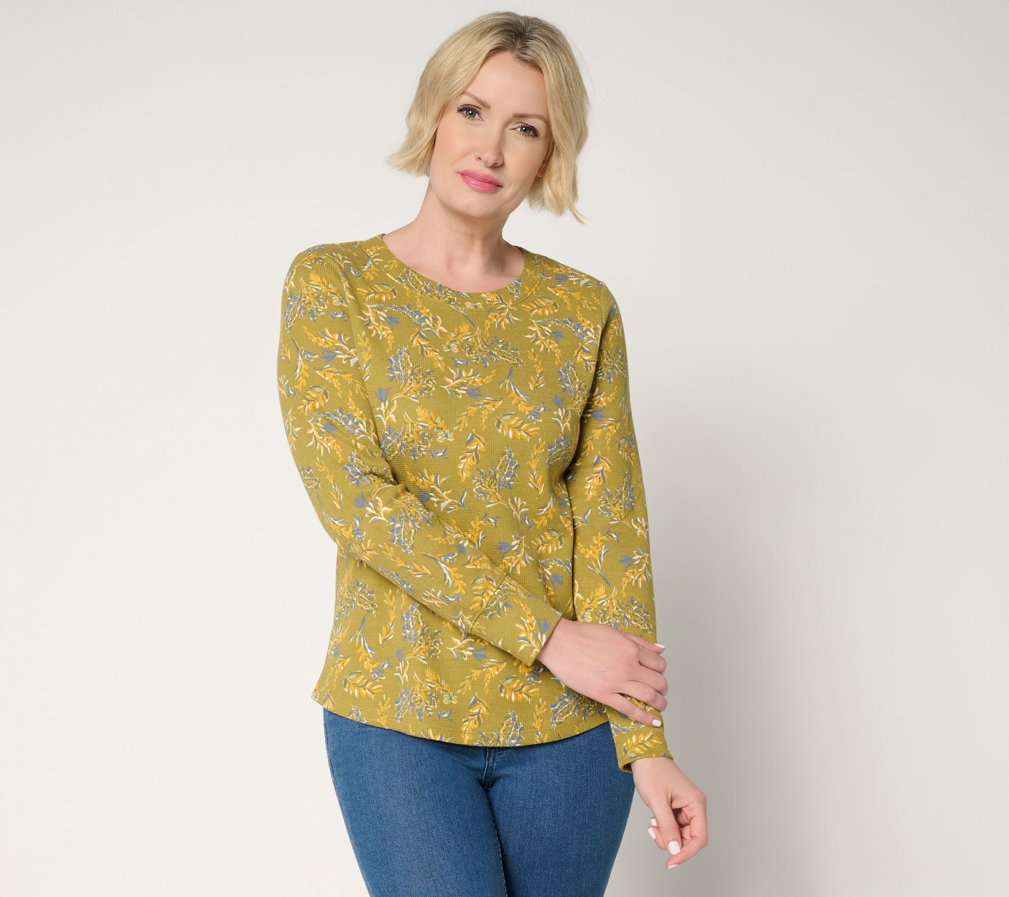 Denim & Co. Printed Floral Waffle Knit Round Neck Top - QVC.com