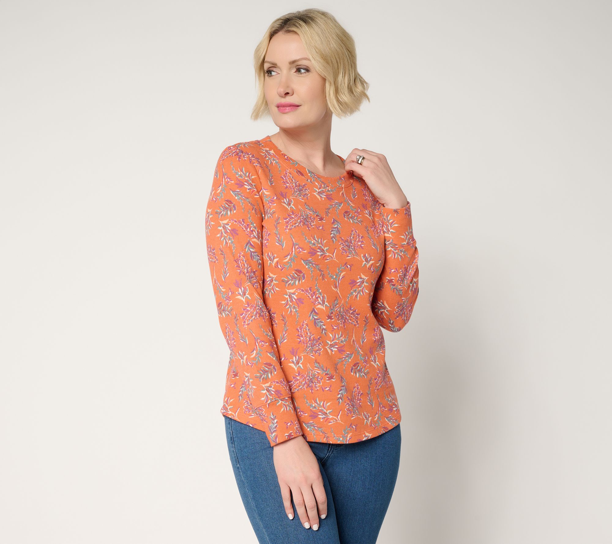 Denim & Co. Printed Floral Waffle Knit Round Neck Top