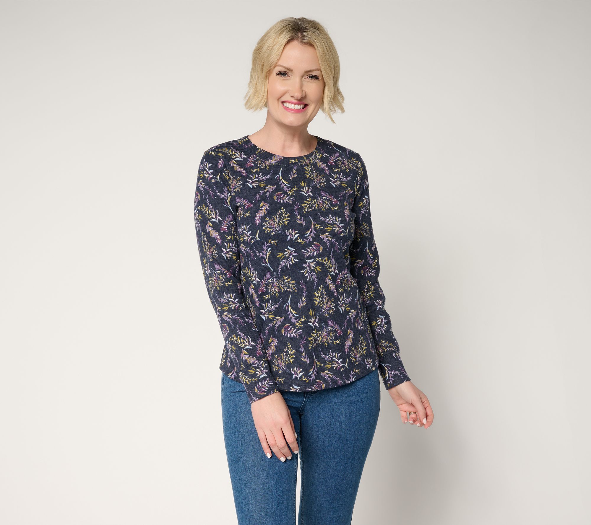 Denim & Co. Printed Floral Waffle Knit Round Neck Top