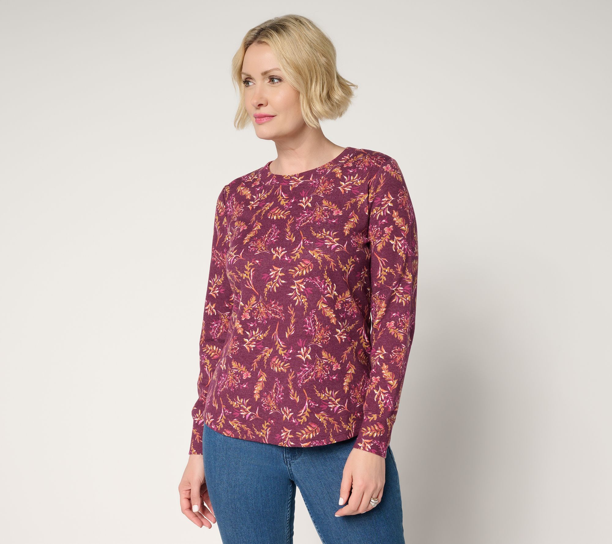 Denim & Co. Printed Floral Waffle Knit Round Neck Top