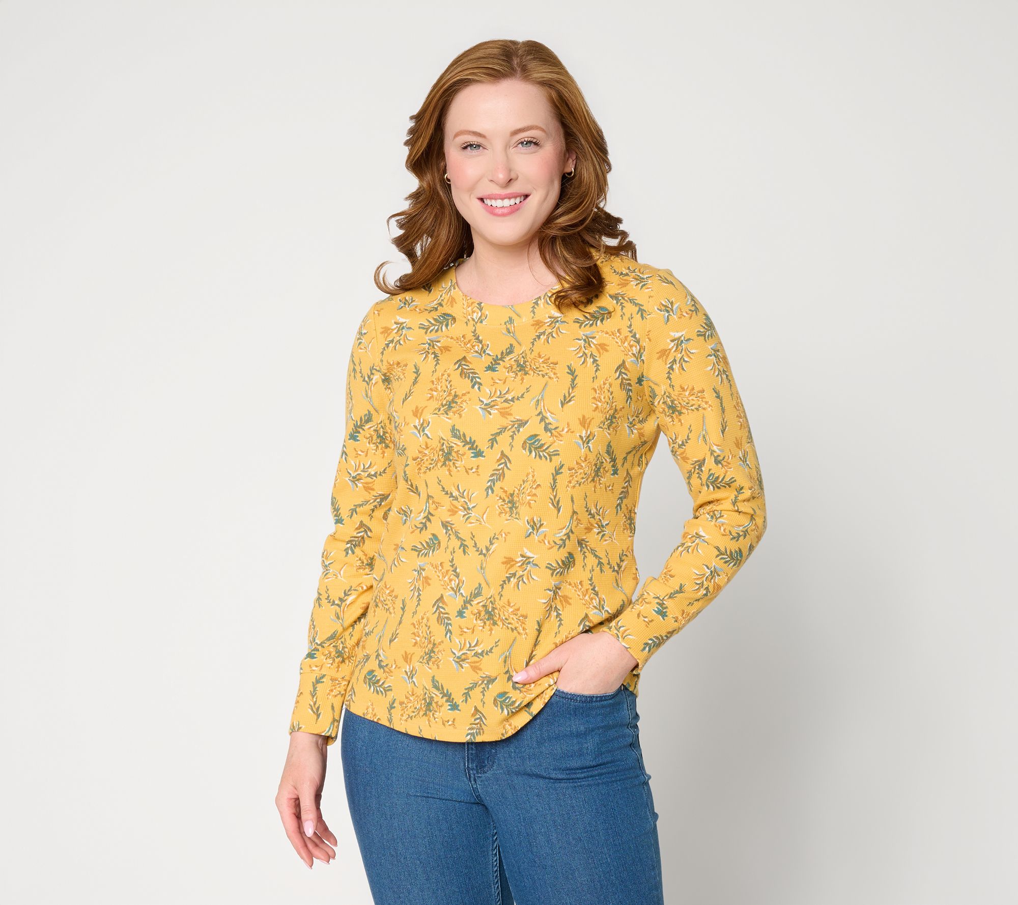 Denim & Co. Printed Floral Waffle Knit Round Neck Top