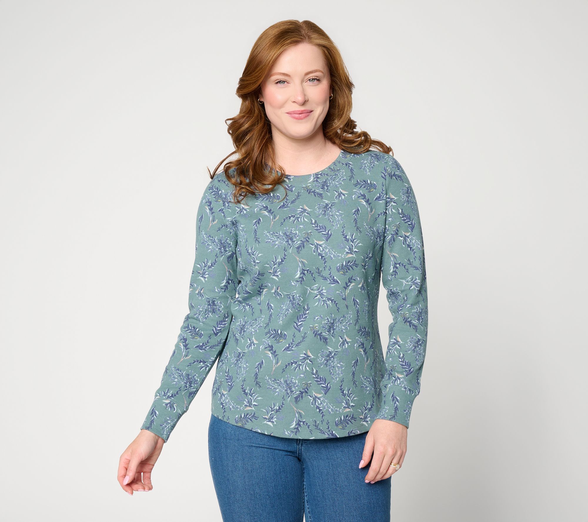 Denim & Co. Printed Floral Waffle Knit Round Neck Top