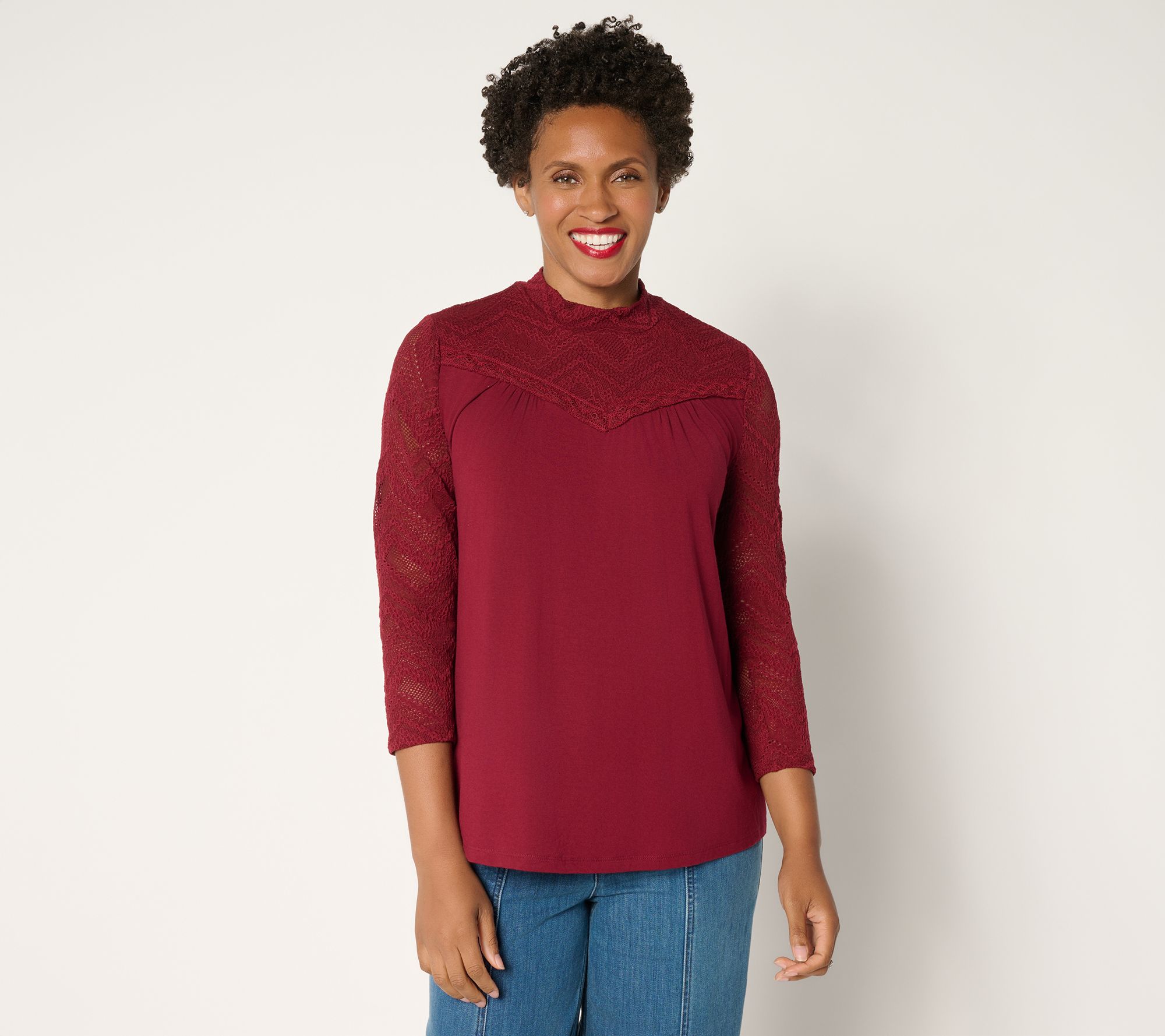  LOGO by Lori Goldstein Rayon 230 Mock Neck Top with Lace