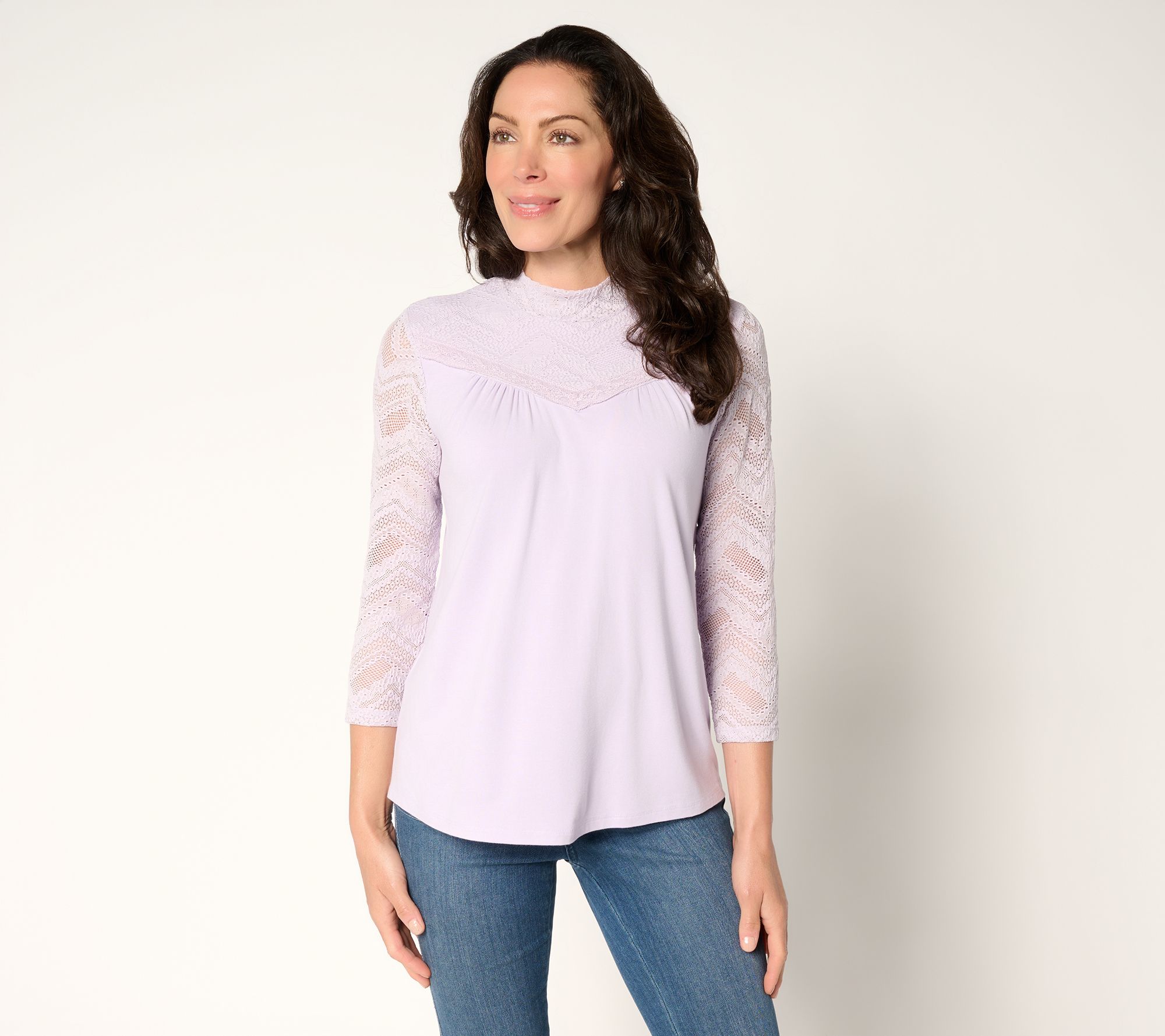 LOGO by Lori Goldstein Rayon 230 Mock Neck Top with Lace