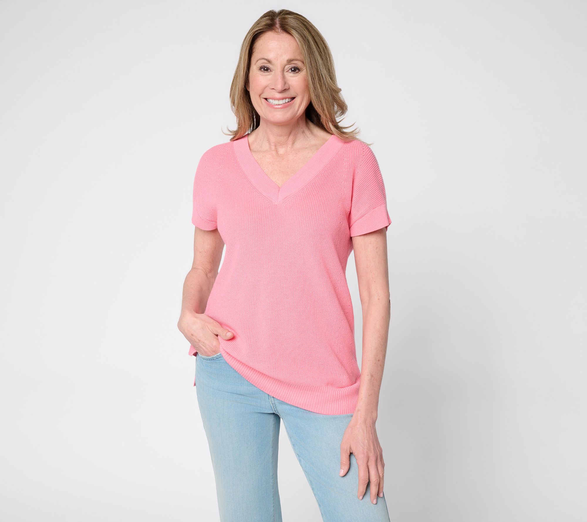 Belle by Kim Gravel Skinny Shaker V-Neck Dolman Sleeve Sweater