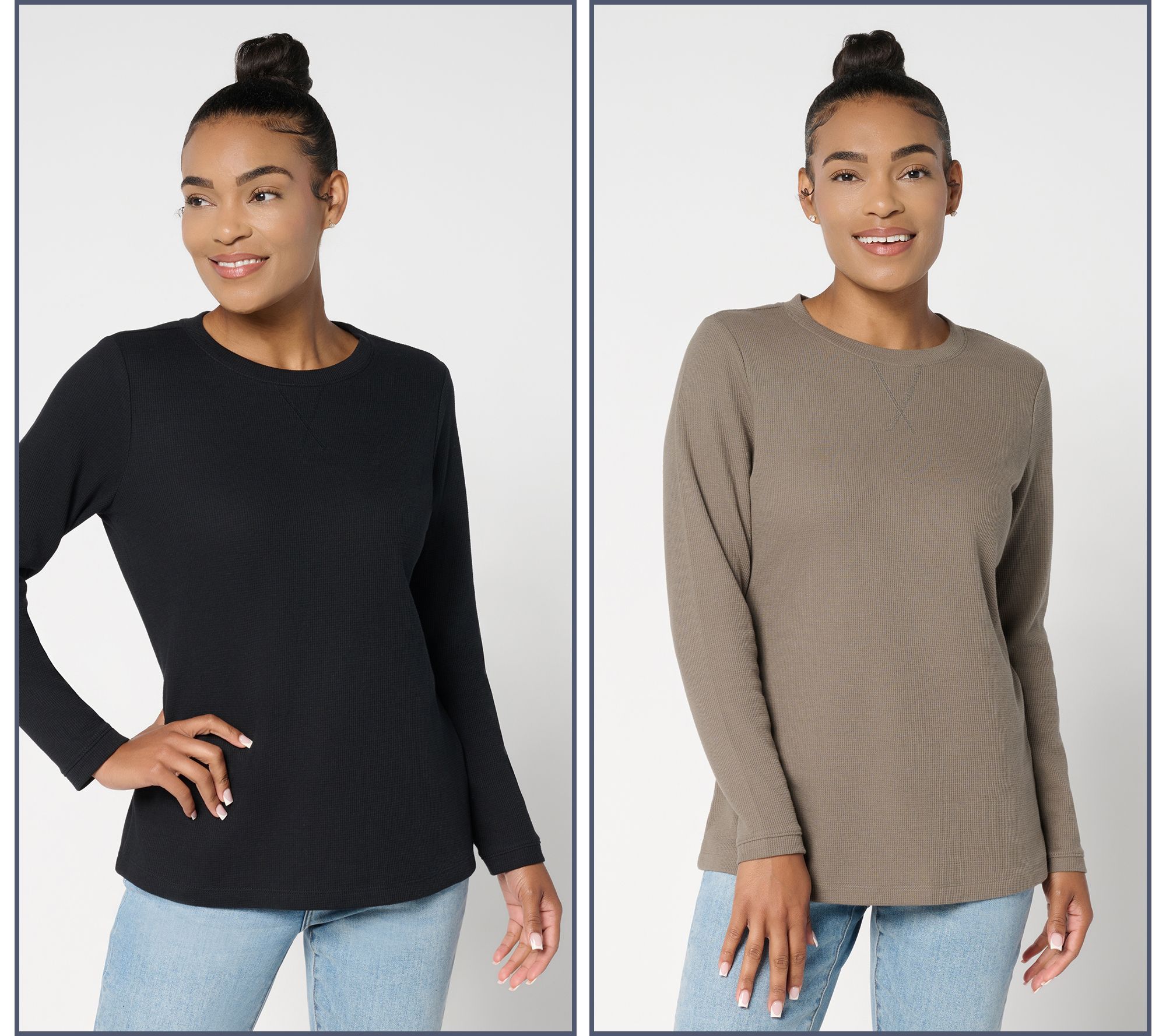 "As Is" Denim & Co. Essentials Waffle Knit 2-Pack Crew Neck Tops