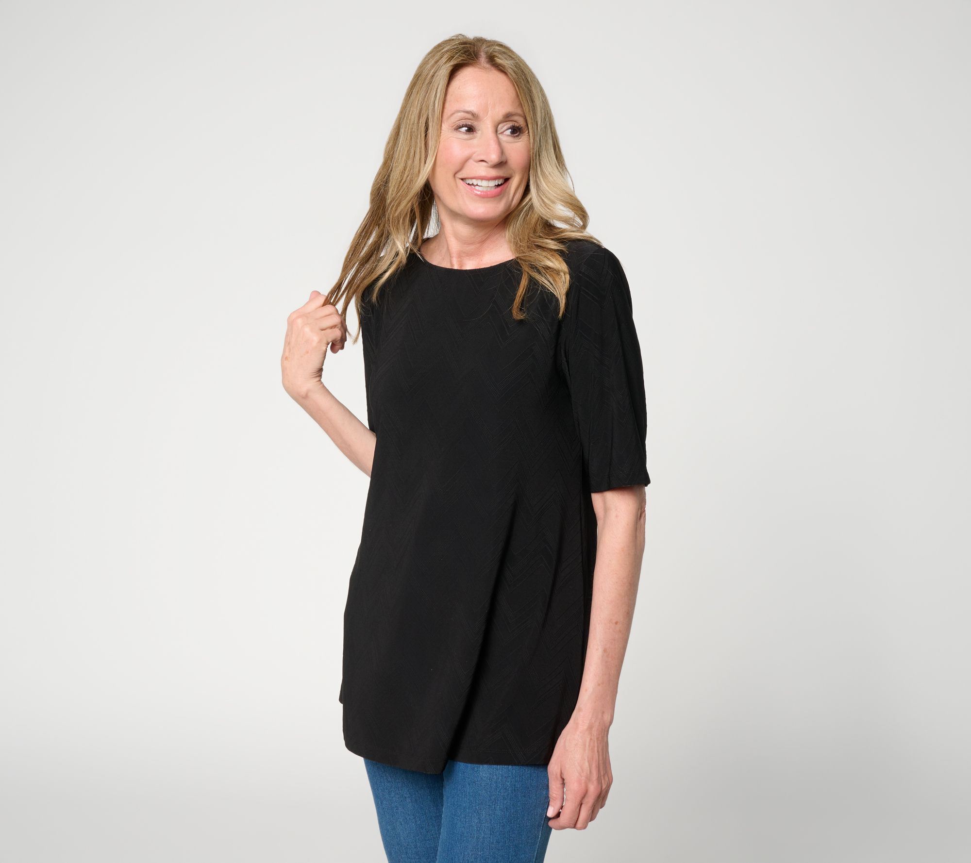 Susan Graver Jacquard Petite Liquid Knit Elbow Slv A-Line Tunic