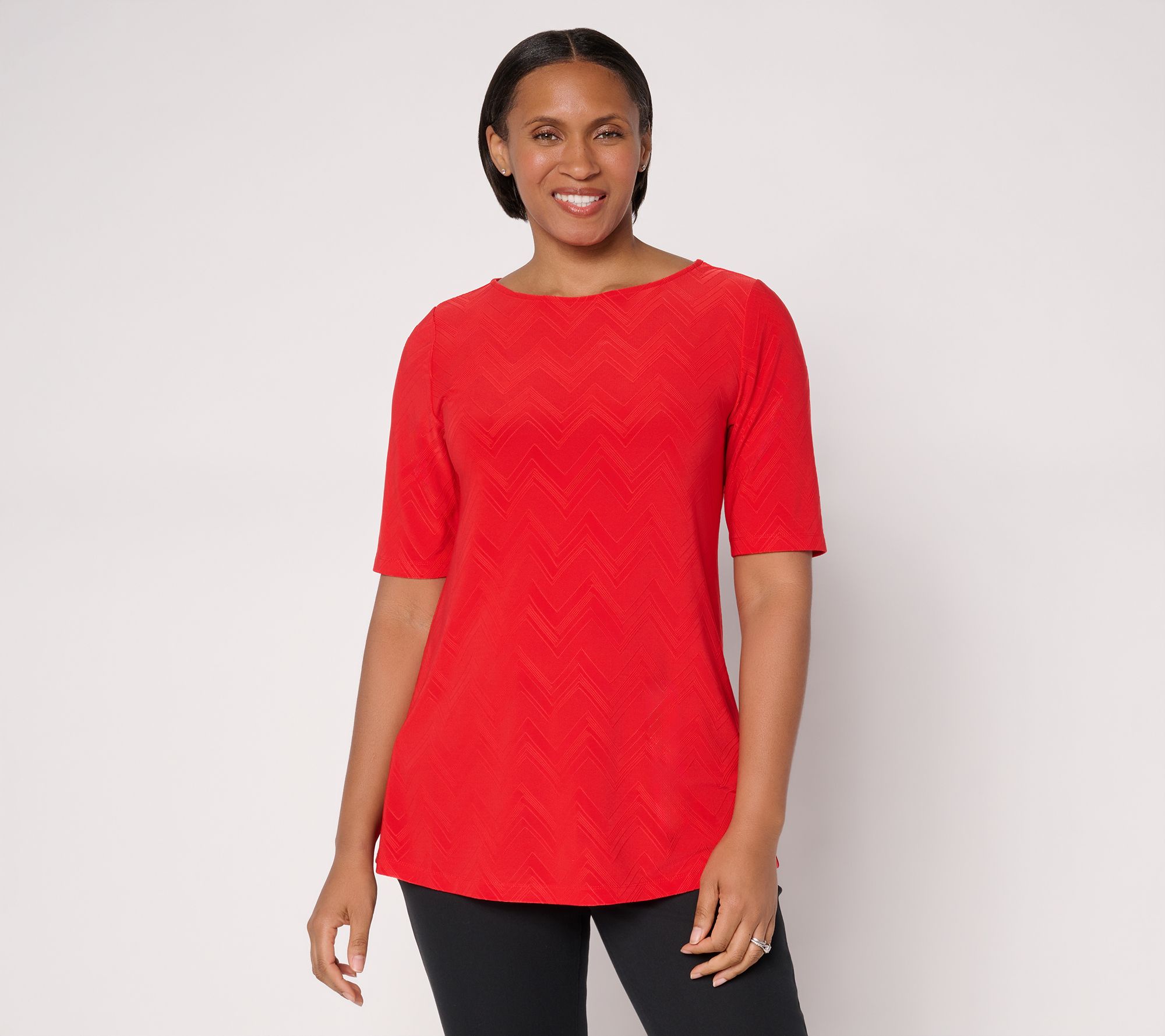 Susan Graver Jacquard Petite Liquid Knit Elbow Slv A-Line Tunic