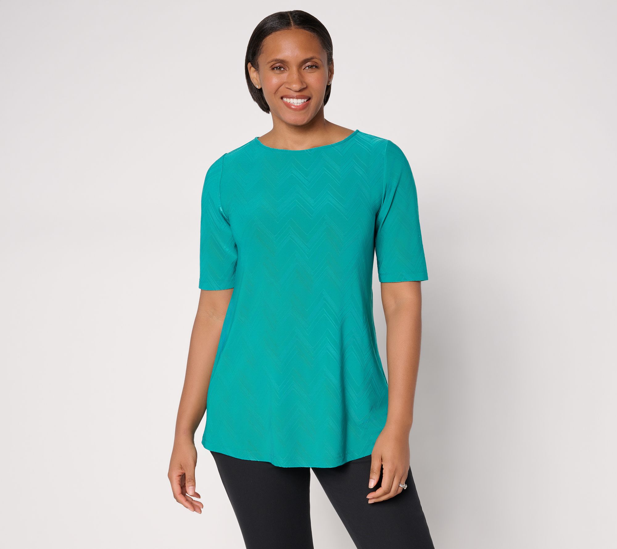 Susan Graver Jacquard Petite Liquid Knit Elbow Slv A-Line Tunic