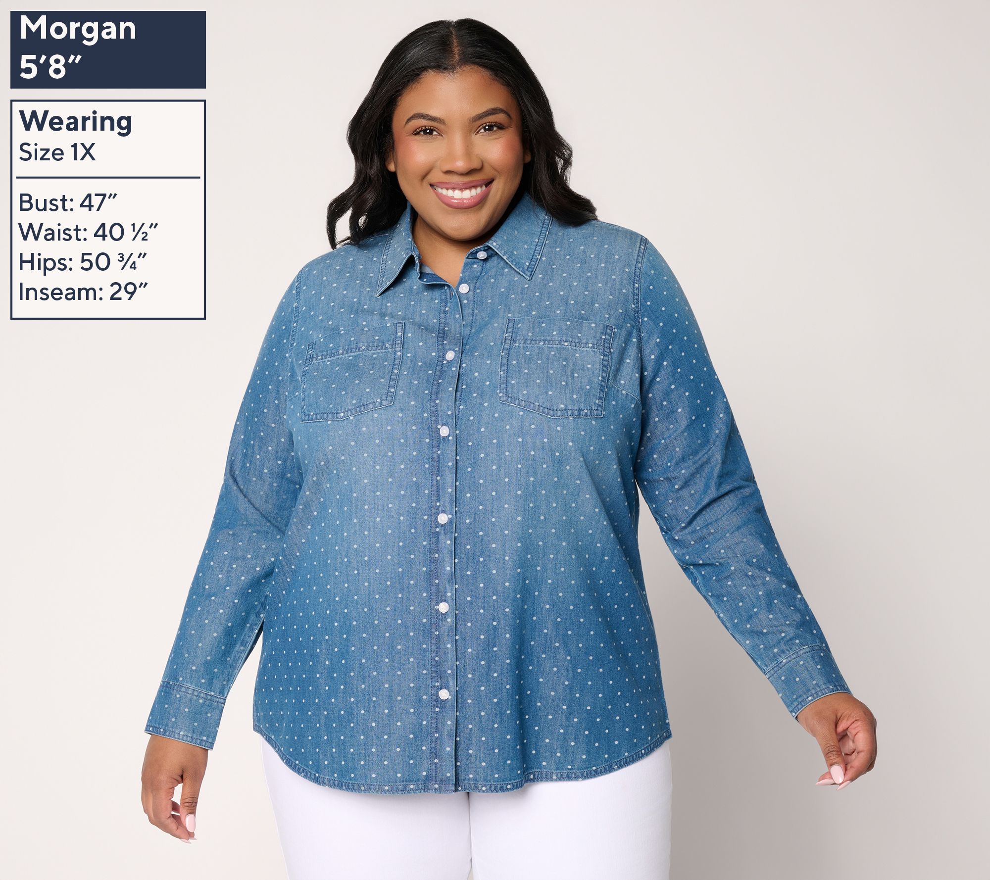 Denim & Co. Denim Polka Dot Button Front Big Shirt - QVC.com