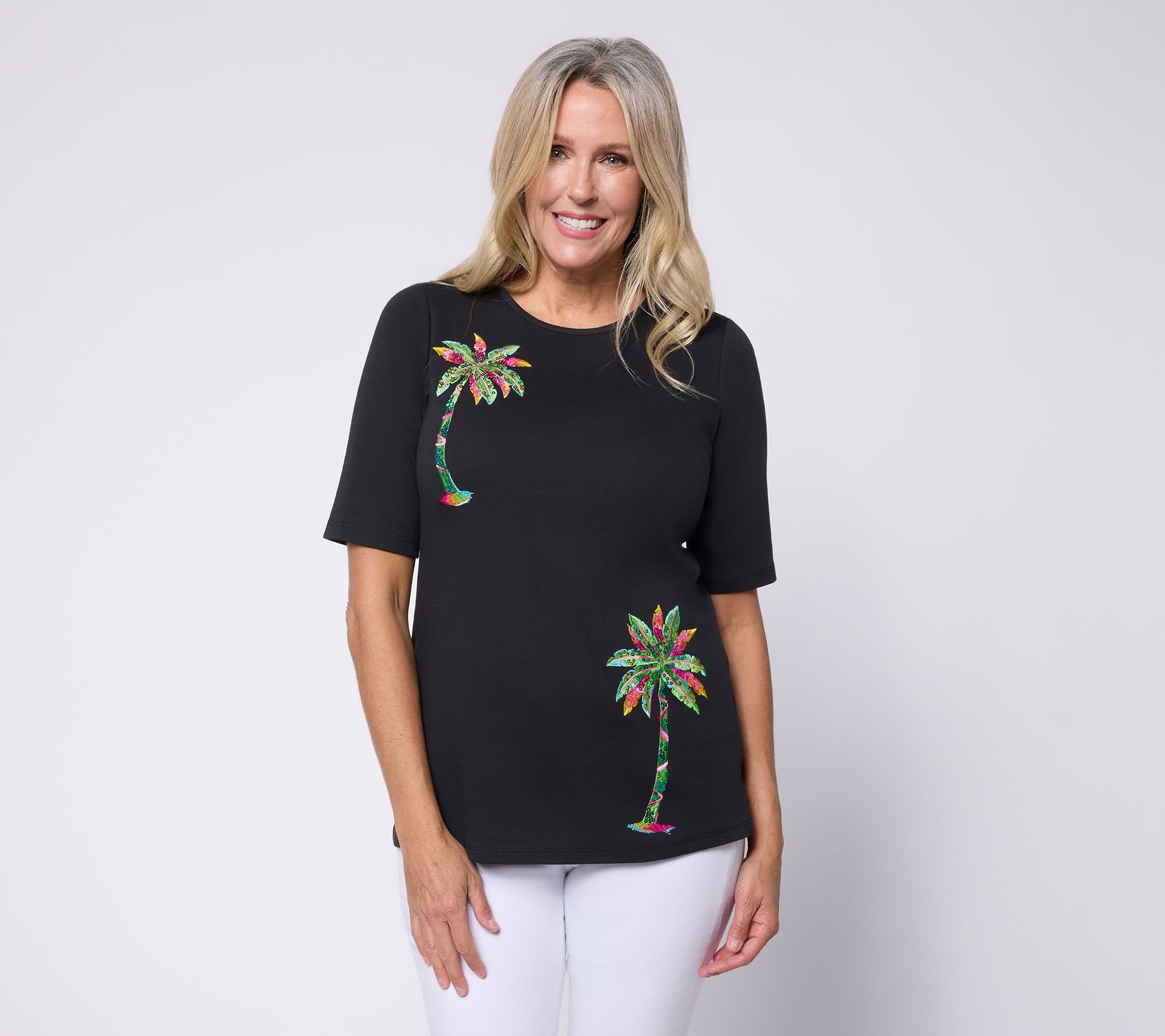 Quacker Factory Preppy Palms Elbow Sleeve Top