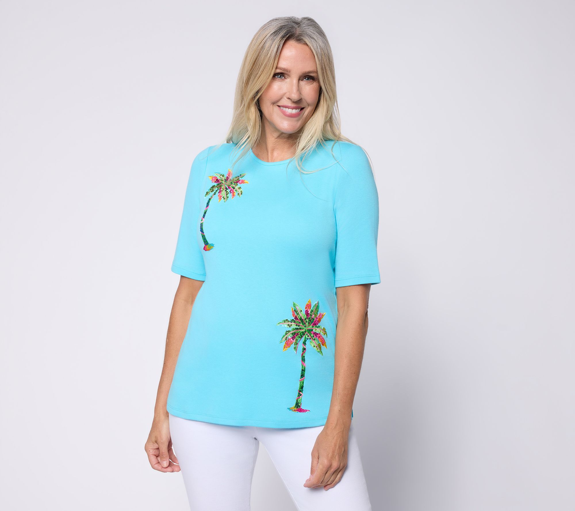 Quacker Factory Preppy Palms Elbow Sleeve Top