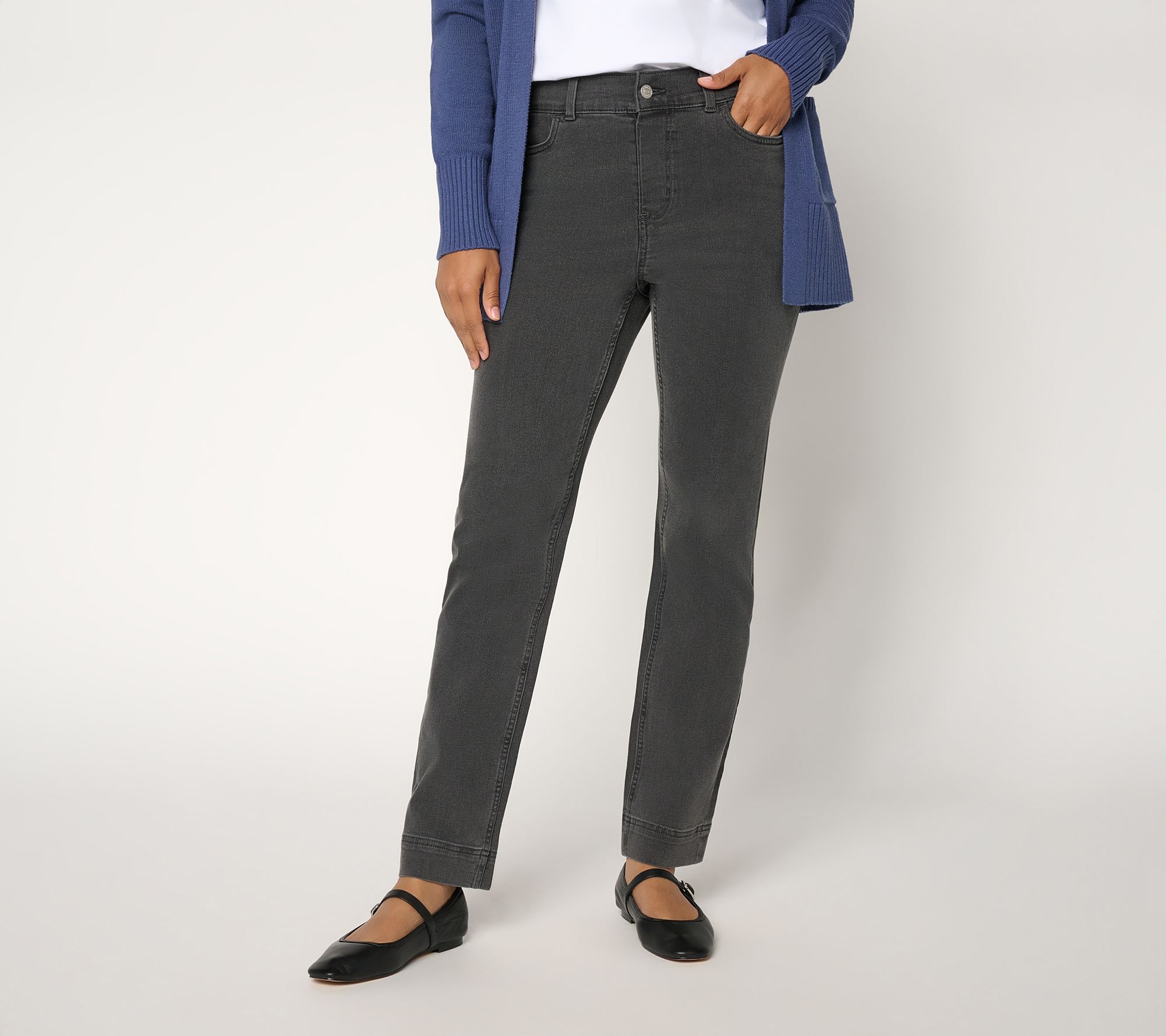 Denim & Co. Petite Black So Soft Denim Straight- Leg Jeans