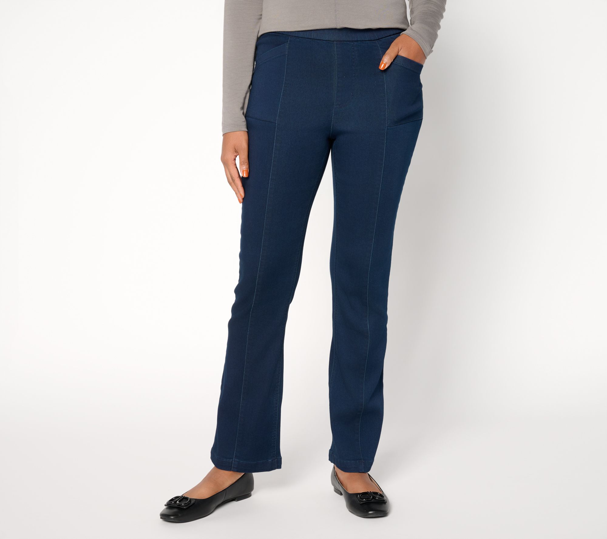 "As Is" Susan Graver Petite Soft Stretch Boot Cut Jean- Indigo