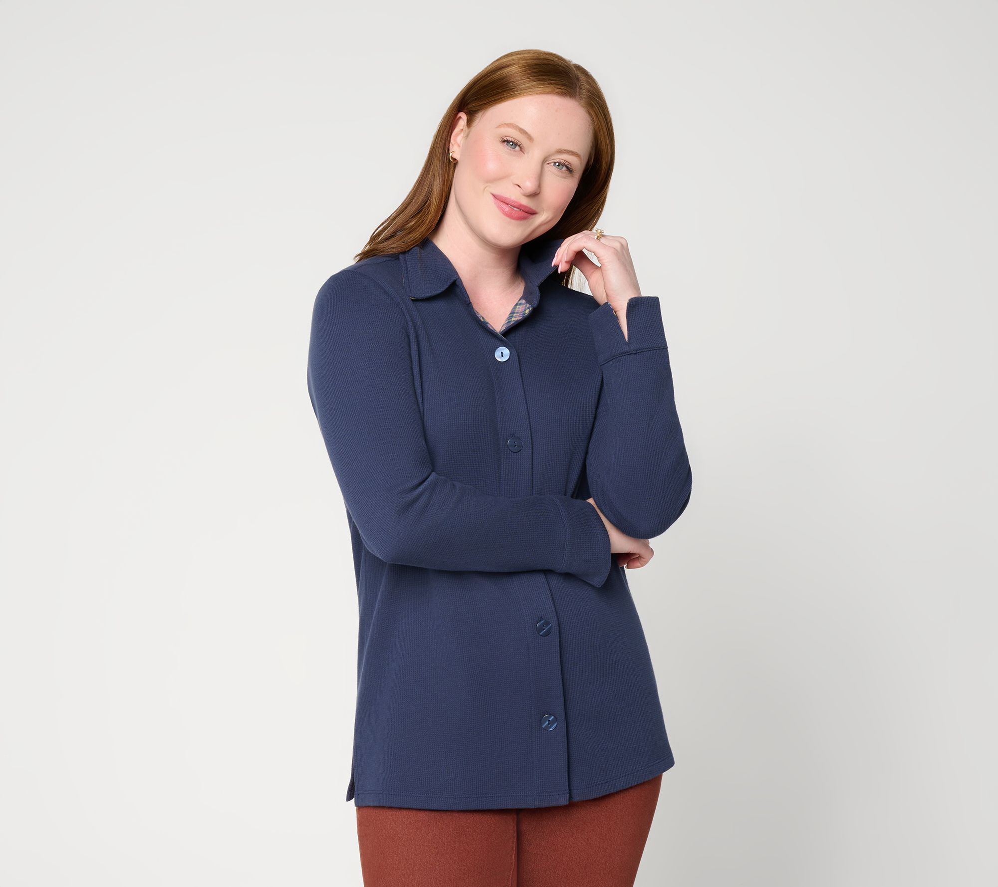 Denim & Co. Waffle Knit Button Front Long Sleeve Shirt