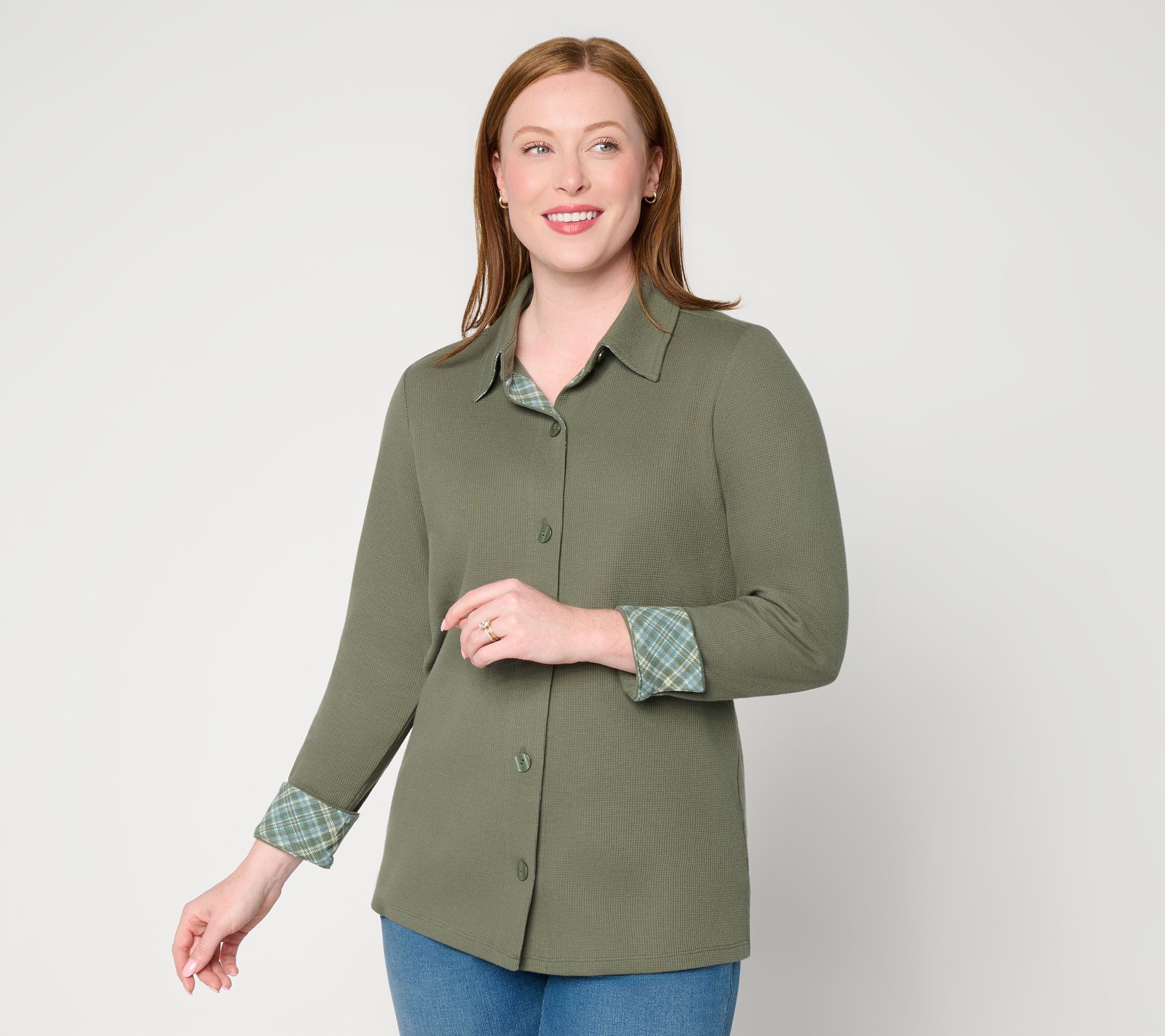 Denim & Co. Waffle Knit Button Front Long Sleeve Shirt