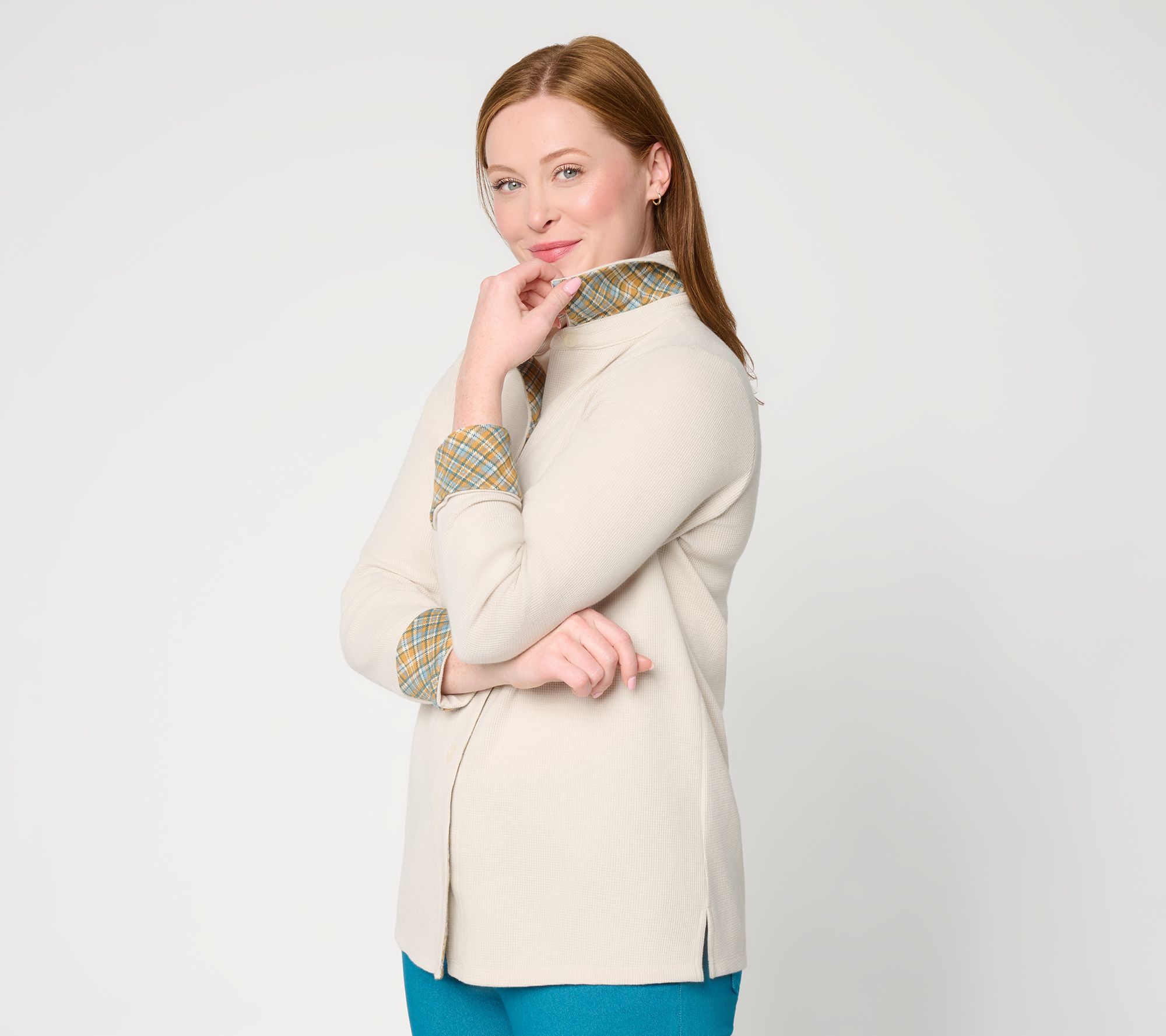Denim & Co. Waffle Knit Button Front Long Sleeve Shirt
