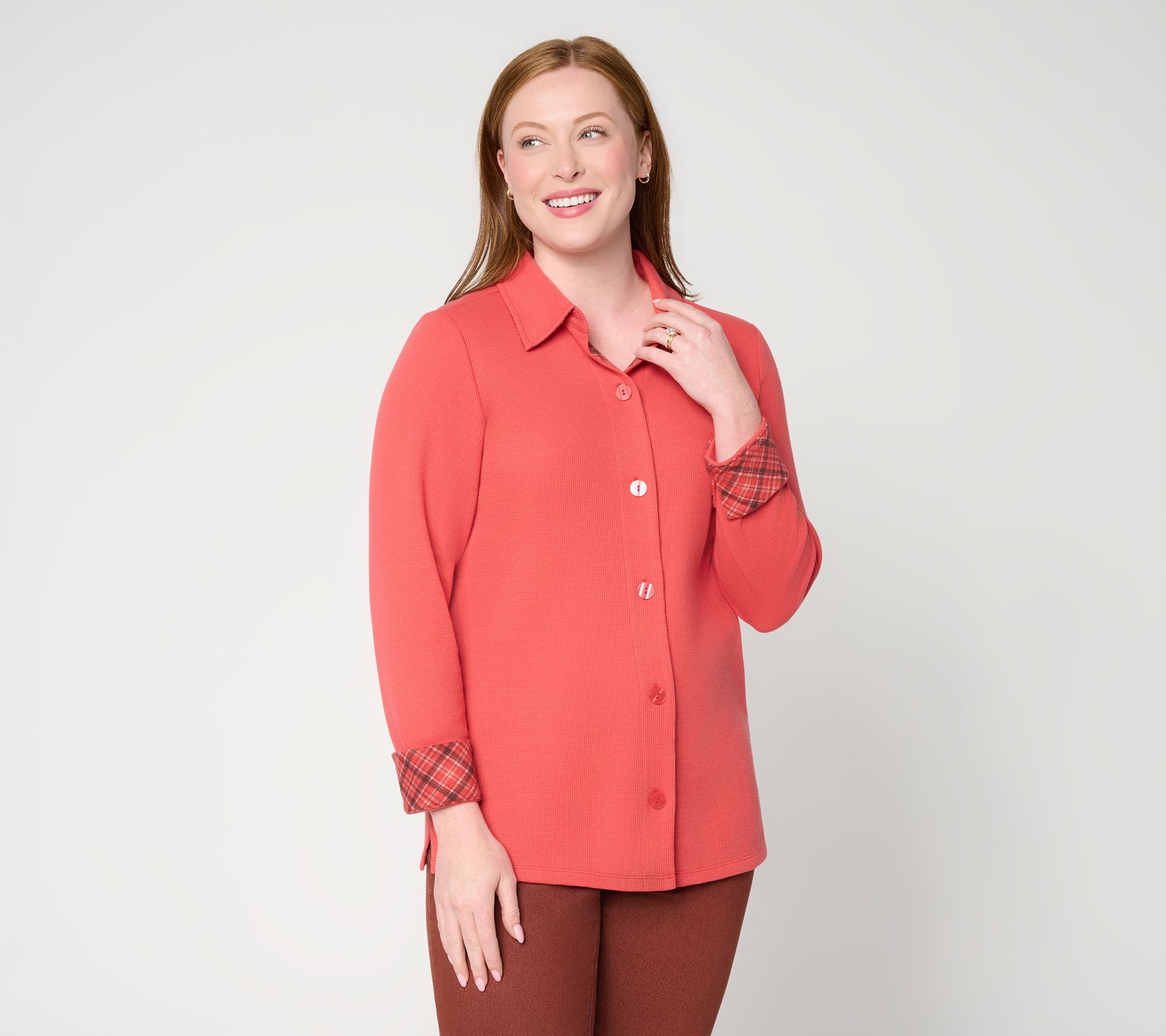 Denim & Co. Waffle Knit Button Front Long Sleeve Shirt