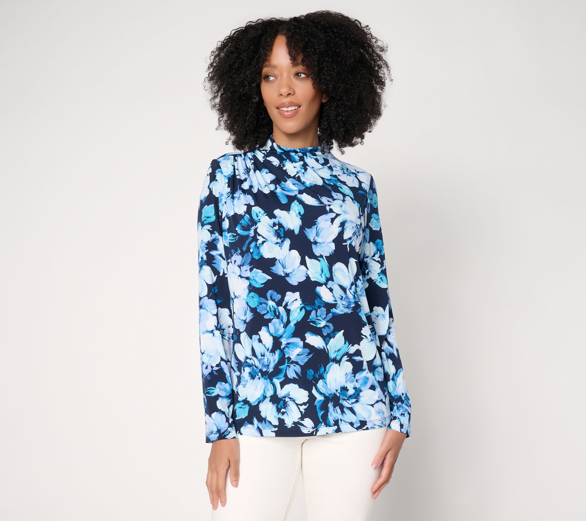 "As Is" Susan Graver Printed Liquid Knit Funnel Neck Top w/Ruched Detail