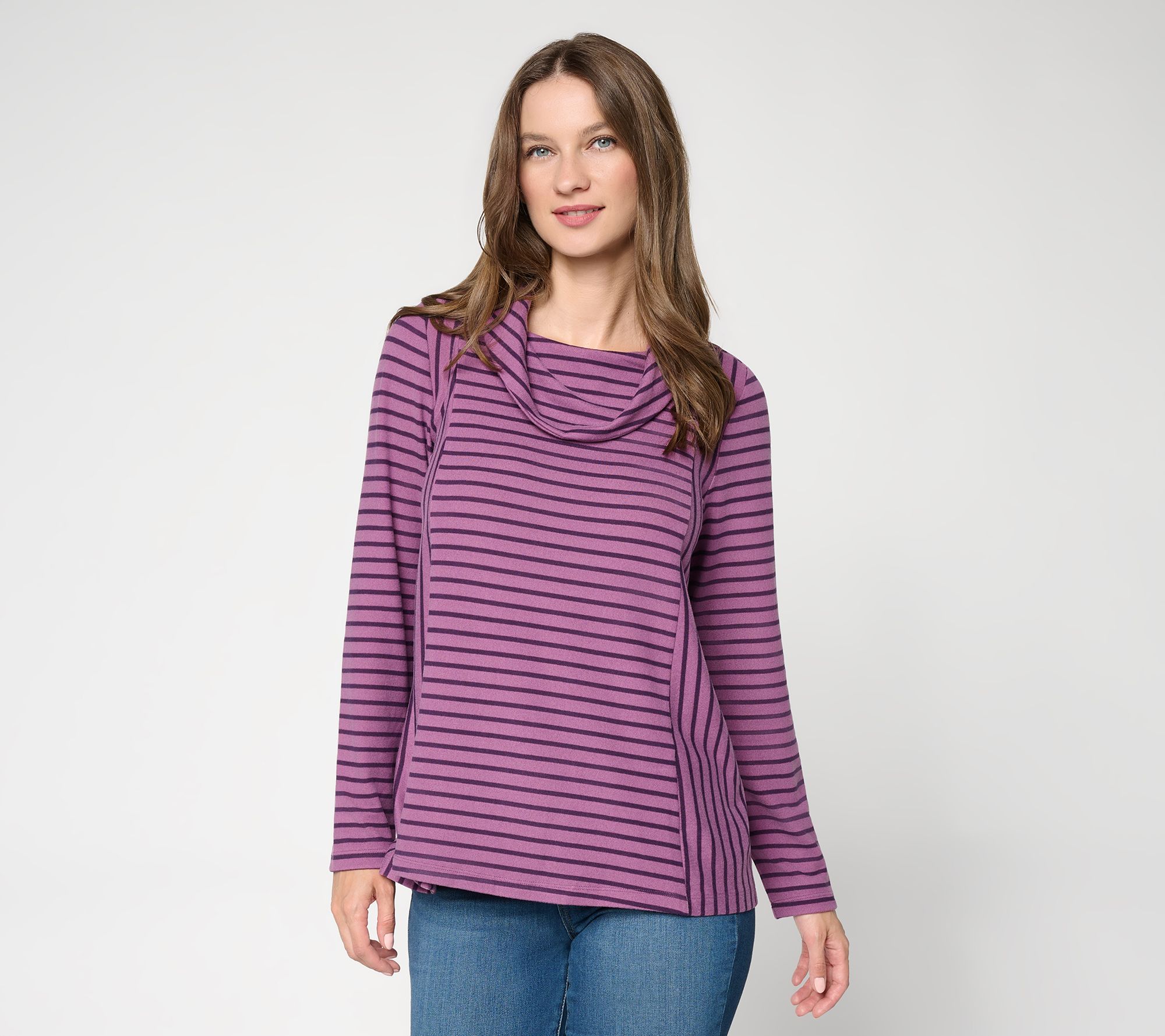 Denim & Co. Heavenly Jersey Striped Cowl Neck Long Sleeve Top