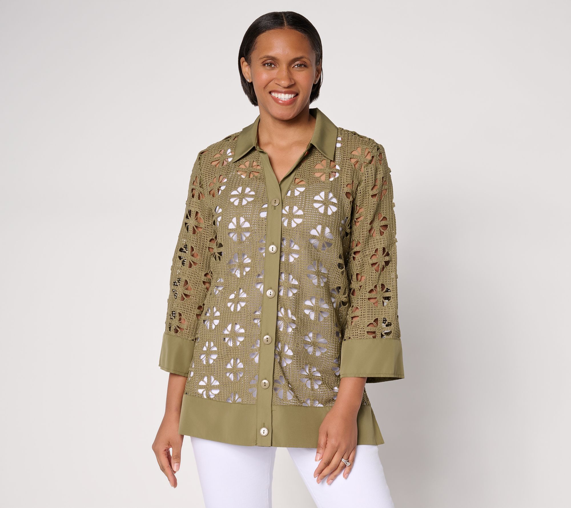 "As Is" Dennis Basso Regular Button Front Crochet Tunic