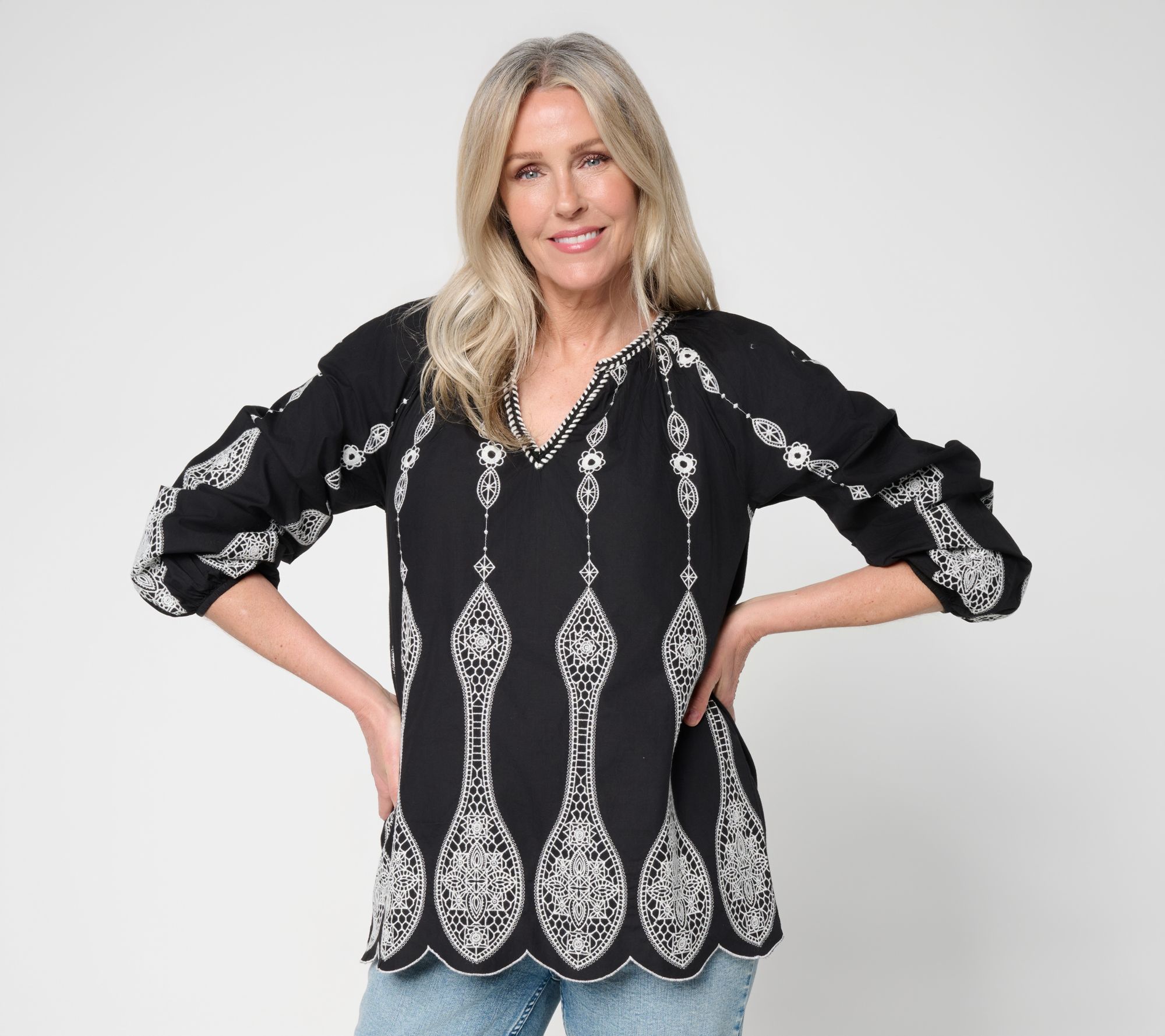 "As Is" LOGO Lavish by Lori Goldstein Mixed Media Embroidered Top