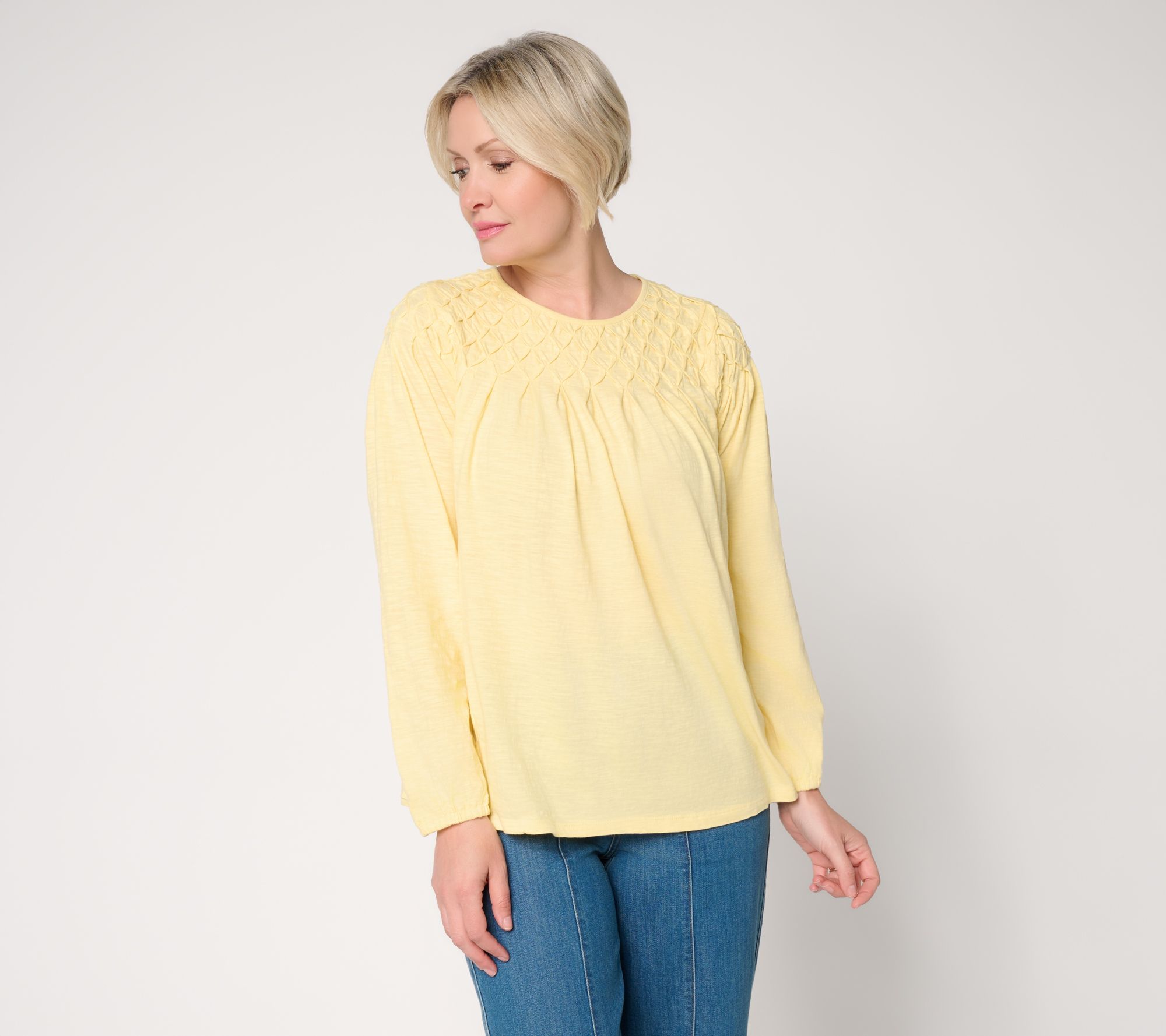 "As Is" LOGO by Lori Goldstein 100% Cotton Pintuck Detail Long Sleeve Top
