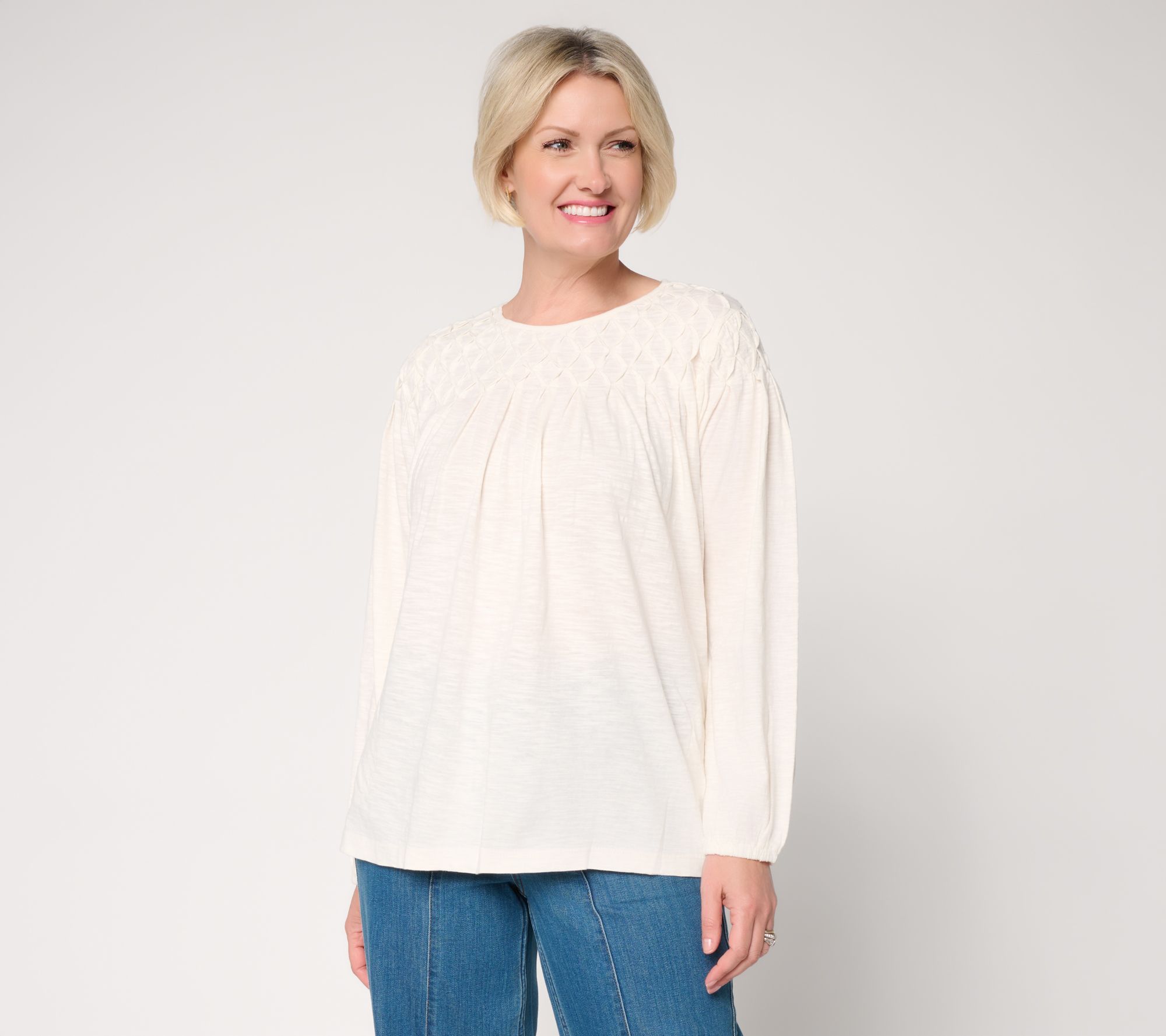 "As Is" LOGO by Lori Goldstein 100% Cotton Pintuck Detail Long Sleeve Top